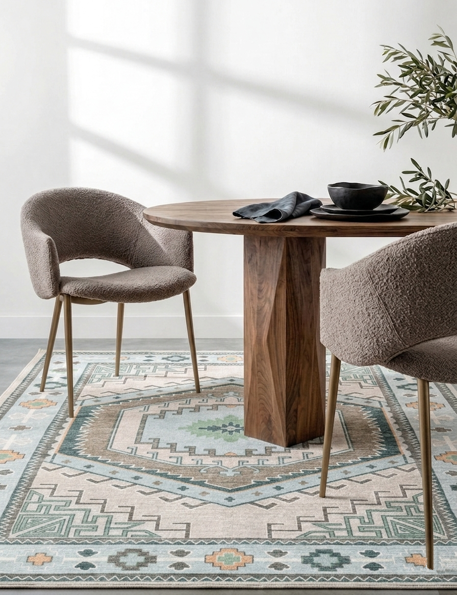 Geometrik Madalyon Desenli Açık Mavi Ve Su Yeşili Etnik Halı