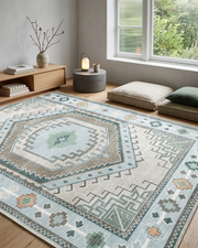Geometrik Madalyon Desenli Açık Mavi Ve Su Yeşili Etnik Halı