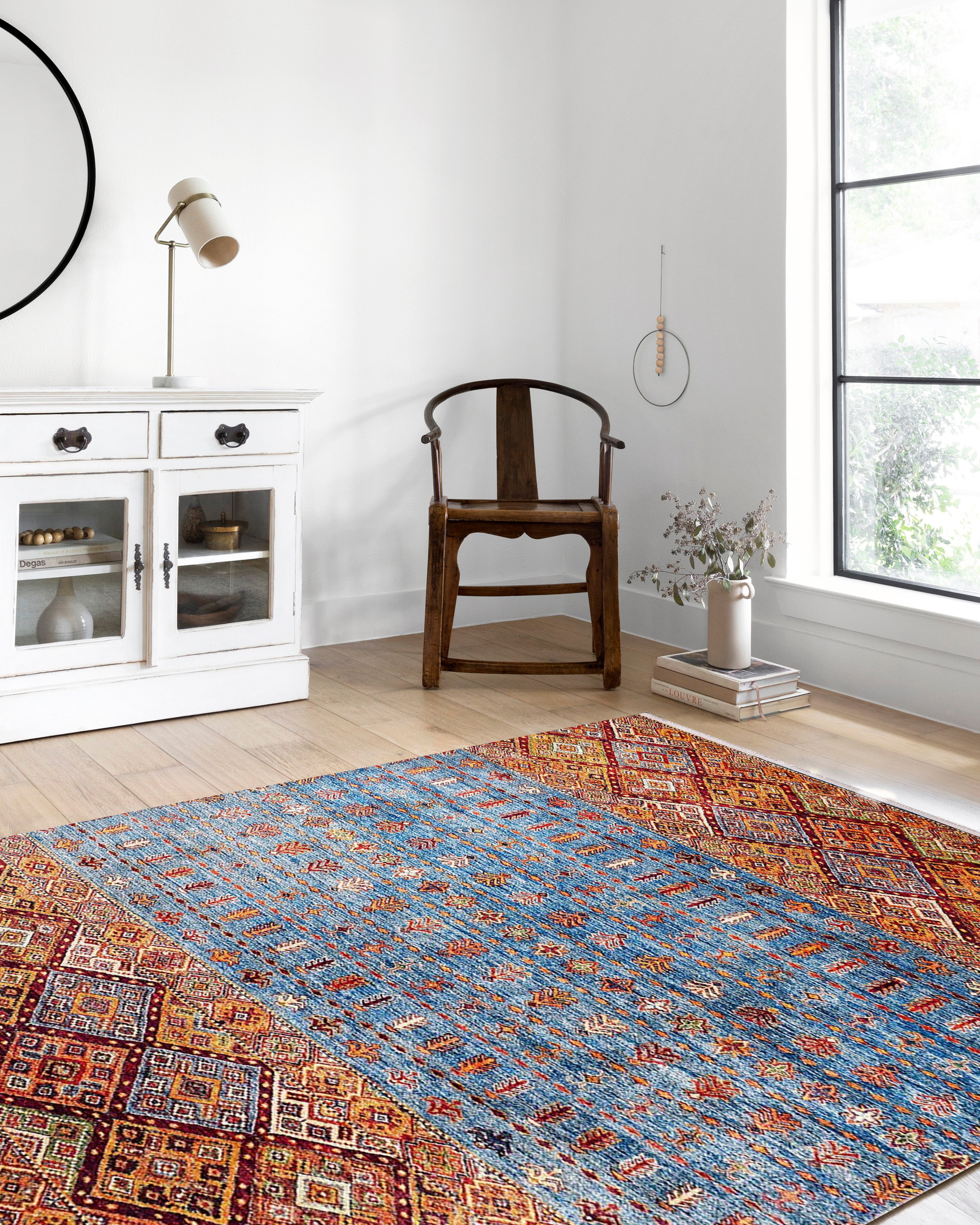 Turuncu Mavi Geometrik Desenli Anadolu Kilim Halı - Pera Halı