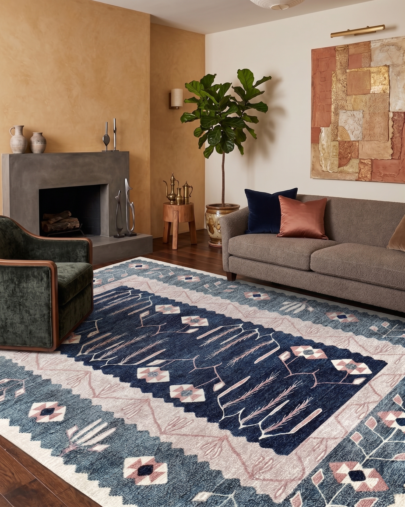 Geometrik Botanik Desenli Lacivert ve Pudra Pembe Etnik Halı - AR862CN