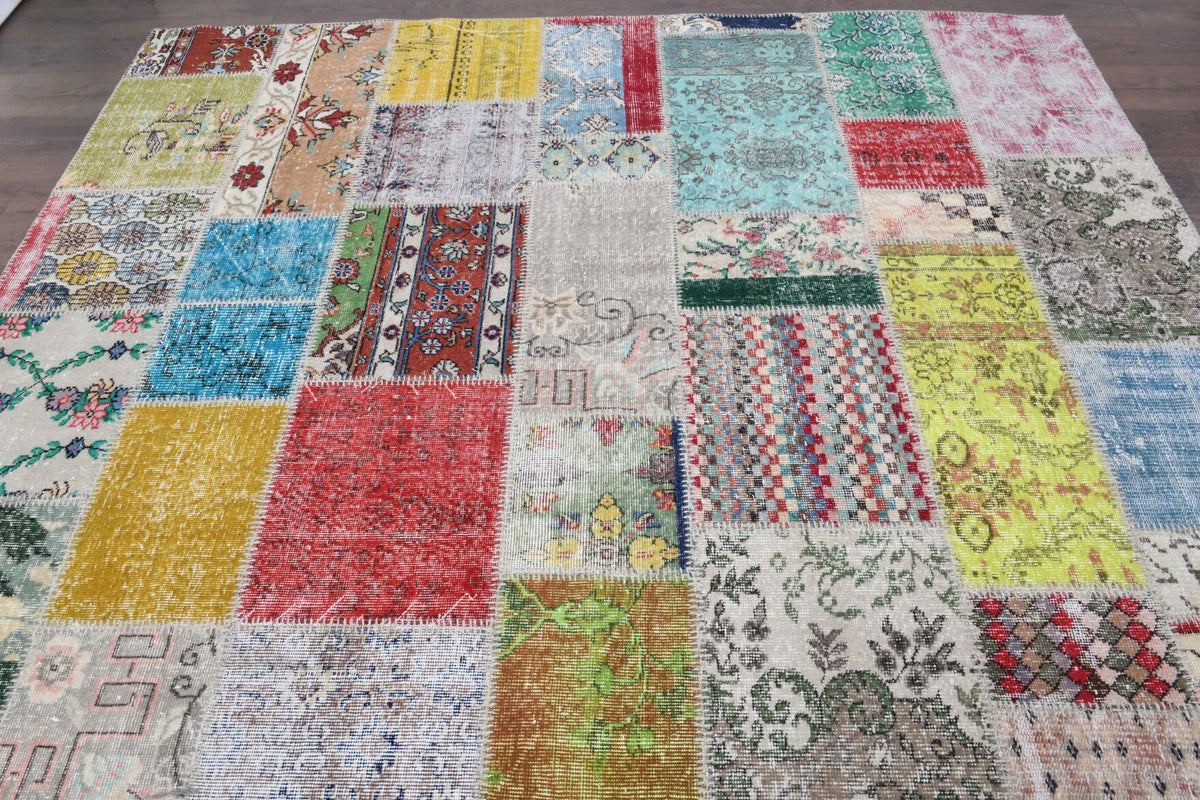 El yapımı vintage halı 254x302 cm çiçek desenli desenli yün - yakın çekim doku detayı
