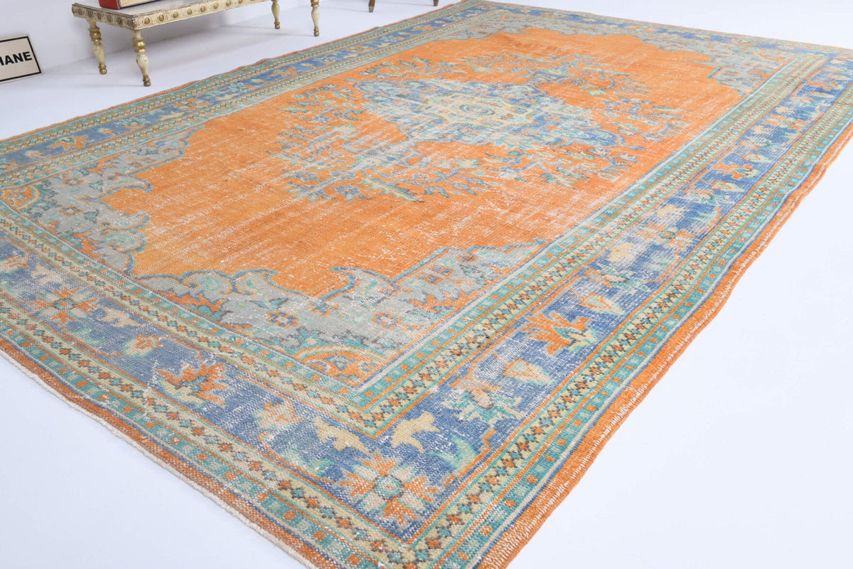 El yapımı vintage halı 213x335 cm oryantal desenli yün - detay görünümü