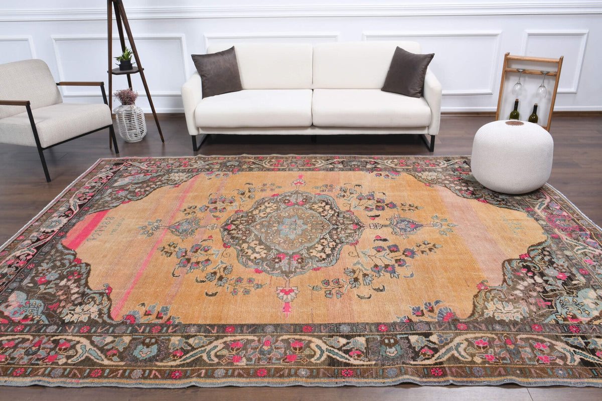 El yapımı vintage halı 249x348 cm oryantal desenli yün - yakın çekim doku detayı