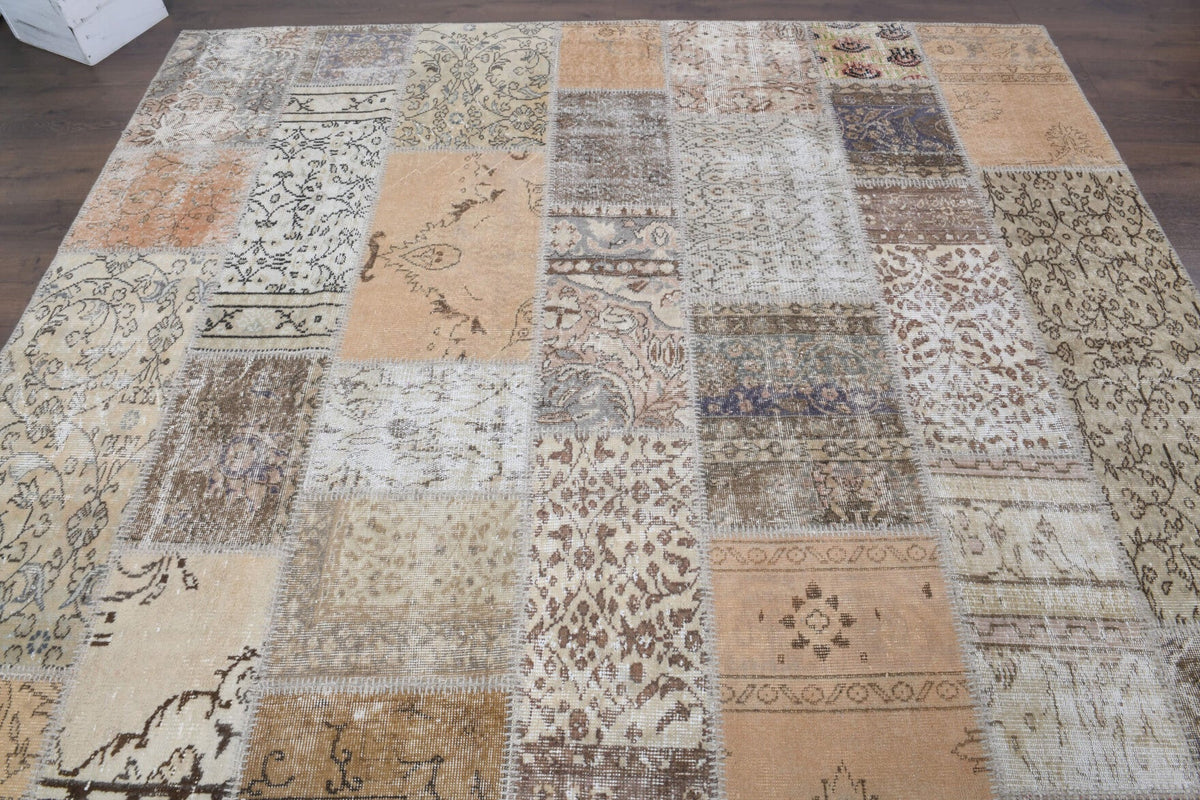 El yapımı vintage halı 257x348 cm tribal desenli yün - yakın çekim doku detayı