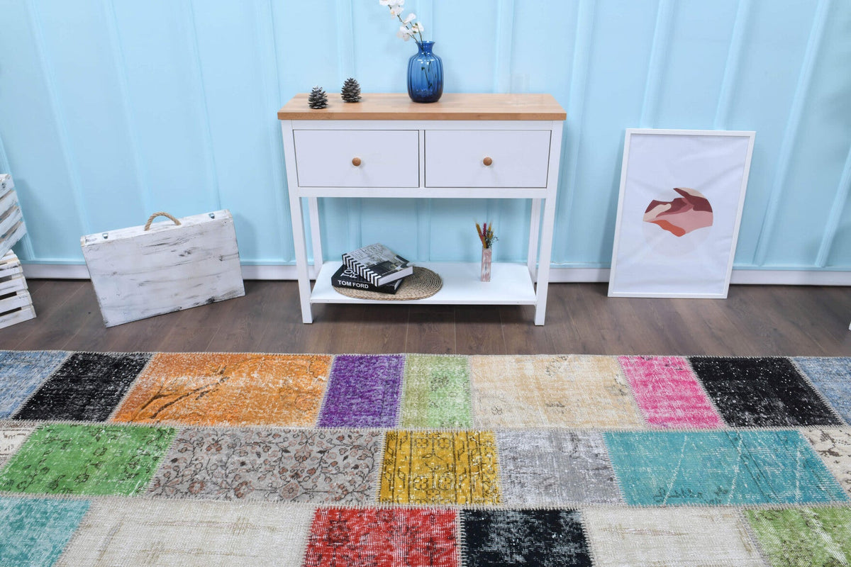 El yapımı vintage halı 254x348 cm tribal desenli yün - yakın çekim doku detayı