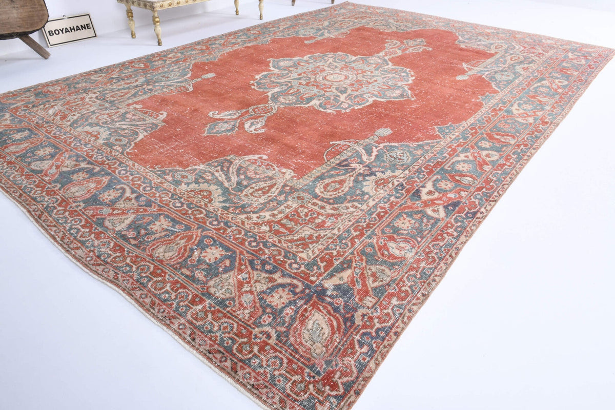 El yapımı vintage halı 231x351 cm oryantal desenli yün - detay görünümü