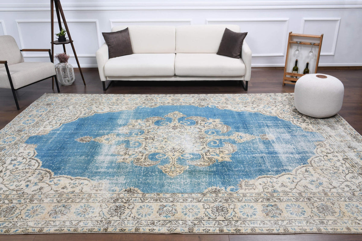 El yapımı vintage halı 257x371 cm oryantal desenli yün - yakın çekim doku detayı
