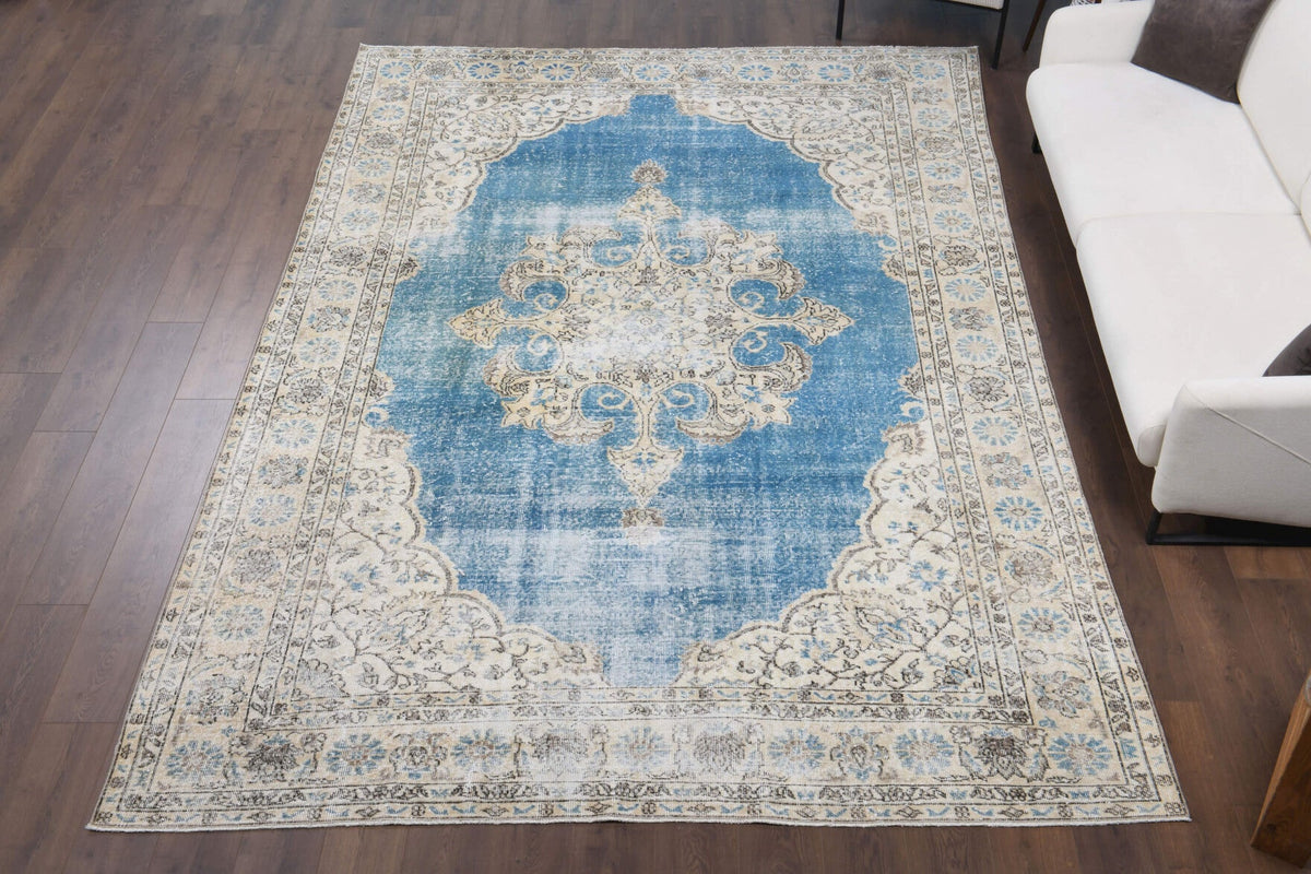 El yapımı vintage halı 257x371 cm oryantal desenli yün - detay görünümü