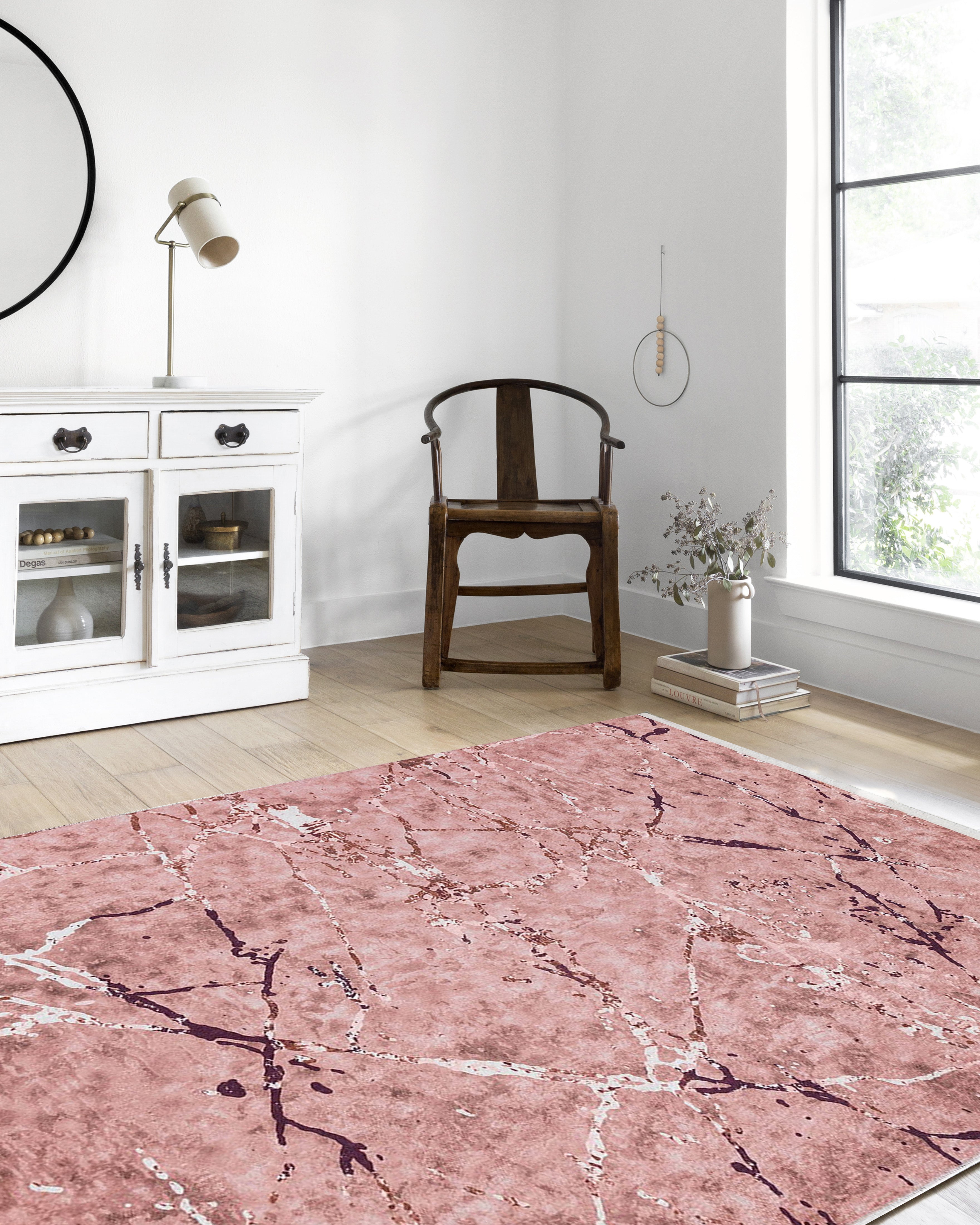 Pudra Mermer Desenli Modern Yıkanabilir Halı