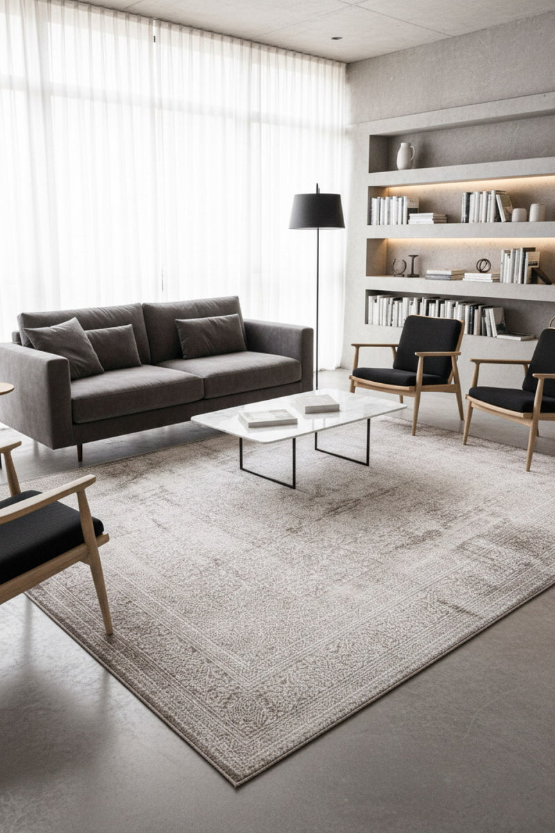 Gümüş Gri ve Vizon Tamamen Eskitme Vintage Halı