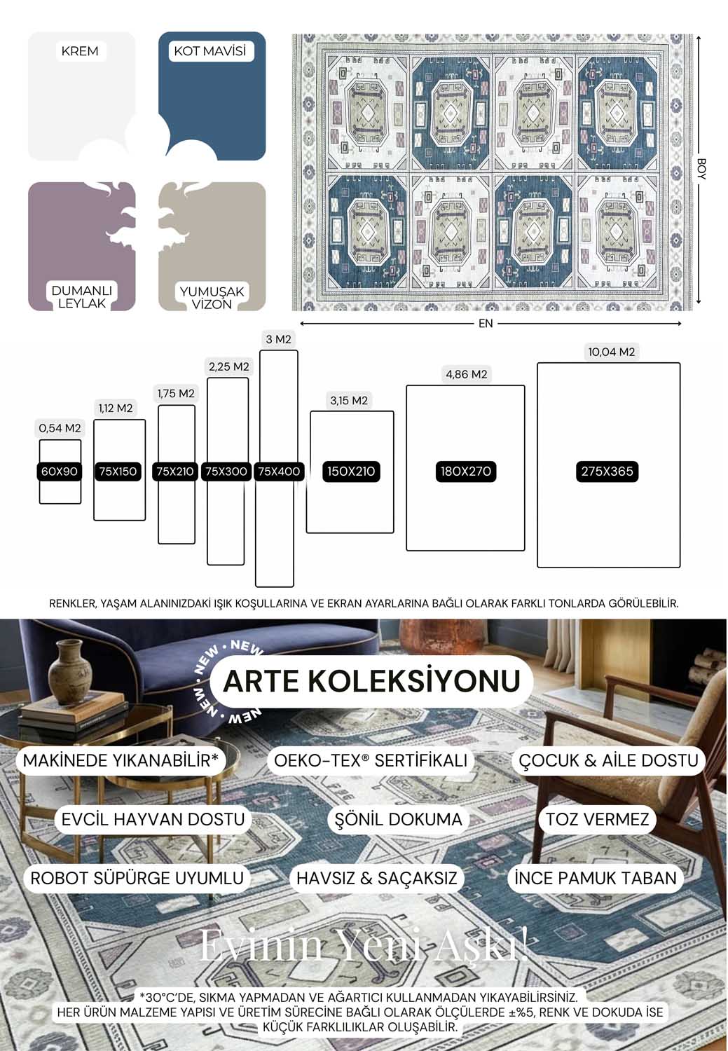Geometrik Panel Desenli Krem ve Lacivert Etnik Halı - AR848CN