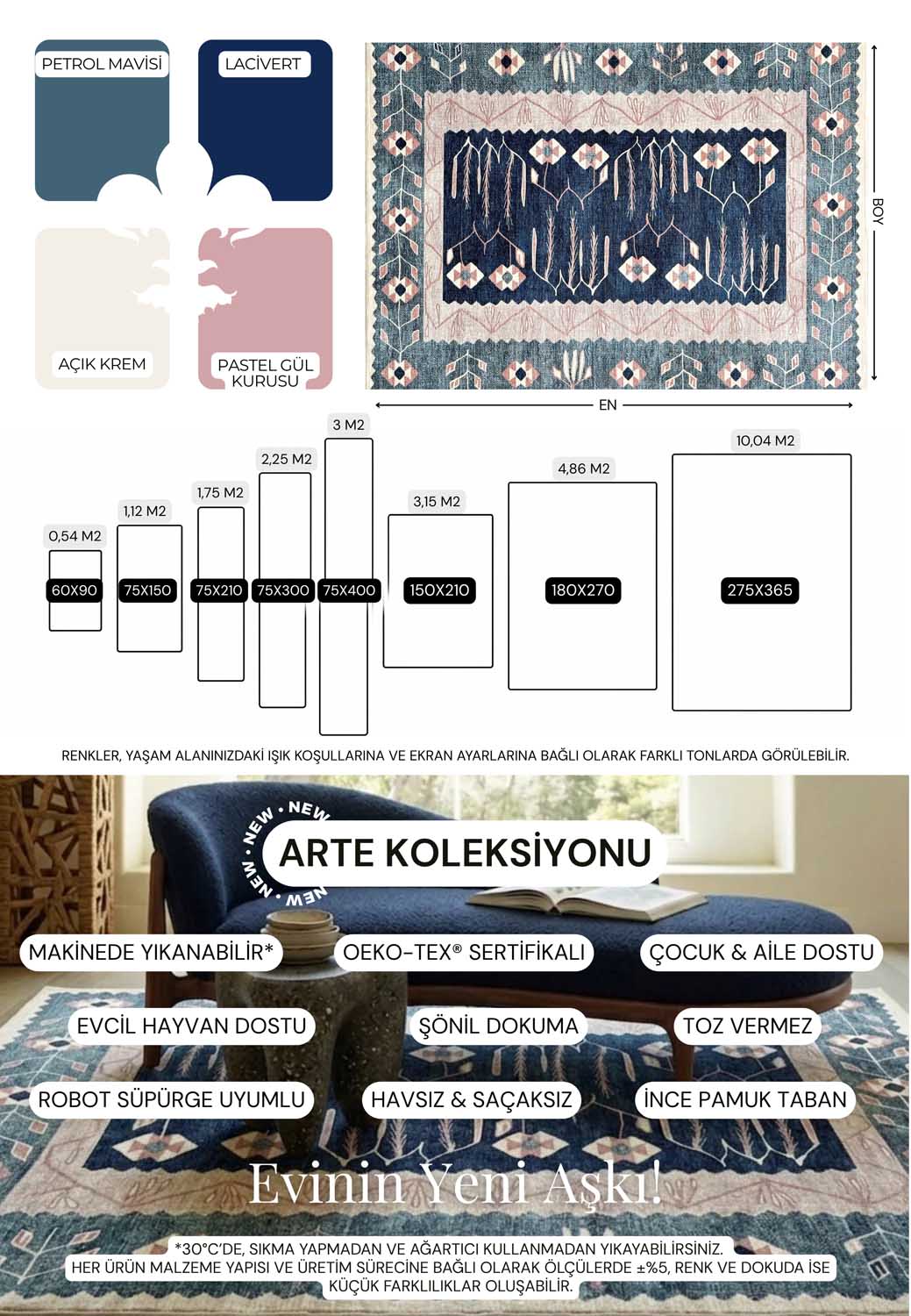 Geometrik Botanik Desenli Lacivert ve Pudra Pembe Etnik Halı - AR862CN