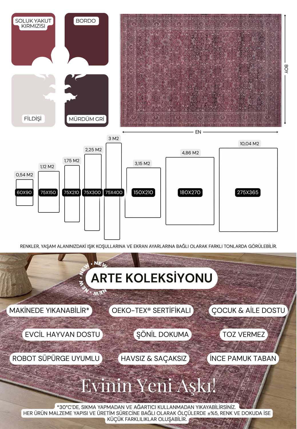 Geleneksel Floral Desenli Bordo Eskitme Halı - AR0999RR