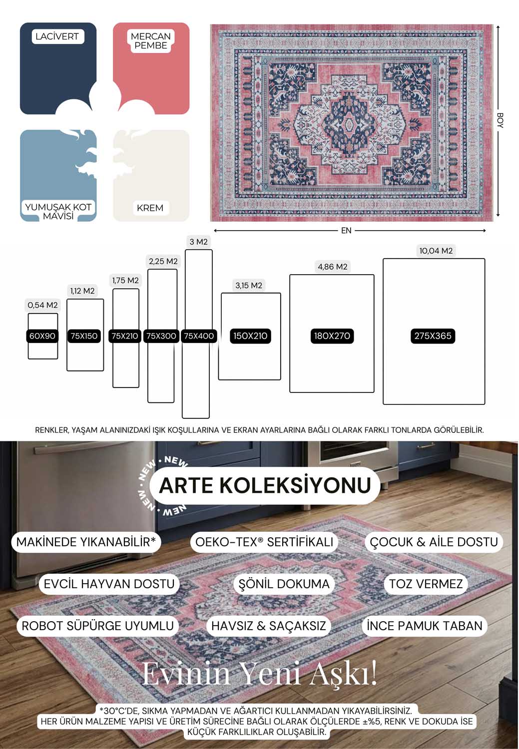 Geometrik Madalyon Desenli Pembe ve Lacivert Eskitme Halı - AR1001TN