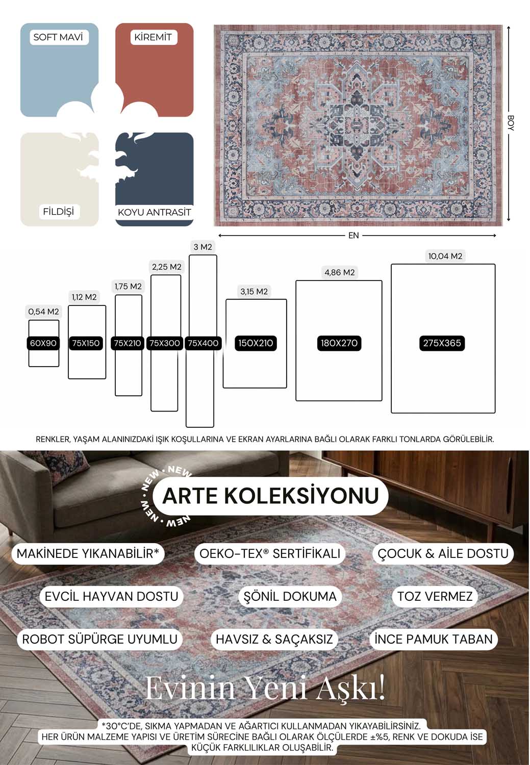 Geometrik Madalyon Desenli Kiremit Ve Açık Mavi Eskitme Halı - AR1003TB