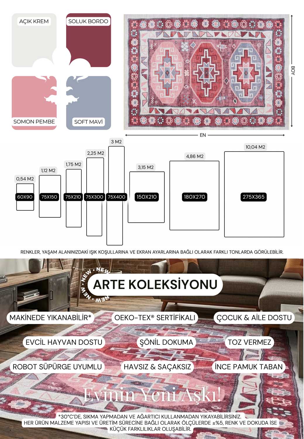 Sıralı Geometrik Madalyon Desenli Bordo ve Pembe Eskitme Halı - AR1011RR