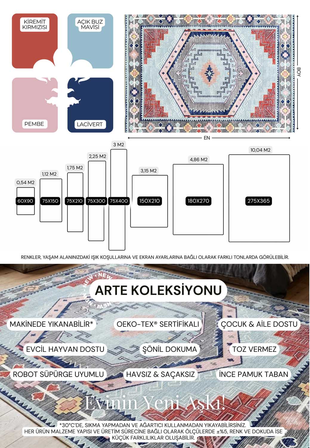 Geometrik Madalyon Desenli Mavi ve Pembe Etnik Halı - AR856BM