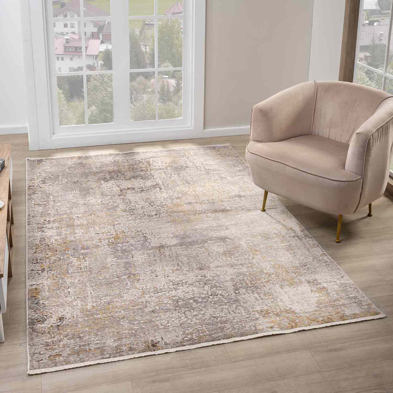 Bej Kahve Soyut Eskitme Desenli Halı