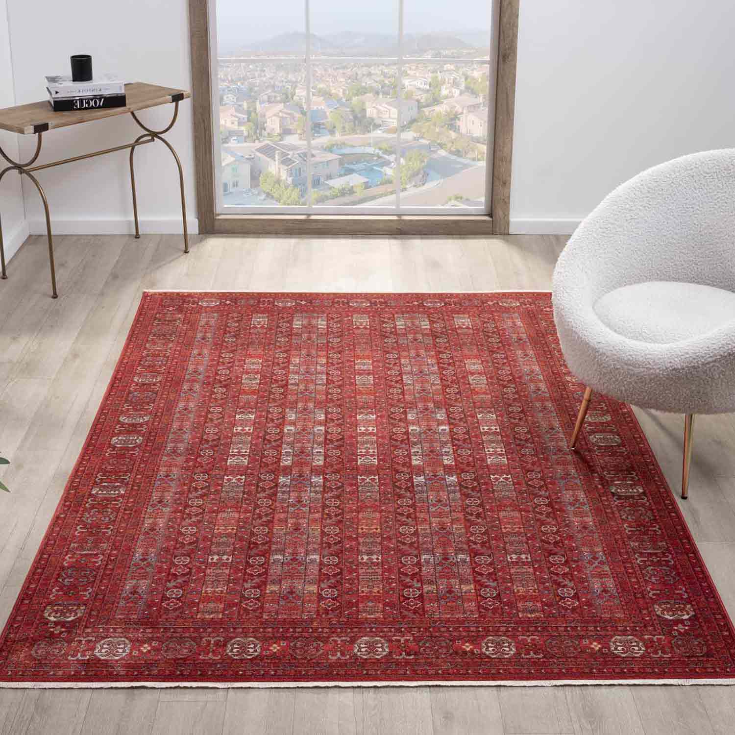 Canlı Bordo Kırmızı Otantik Geometrik Vintage Halı