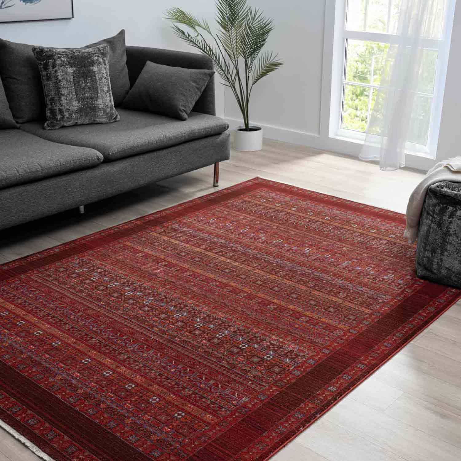 Bordo Kırmızı Etnik Şerit Desenli Modern Halı