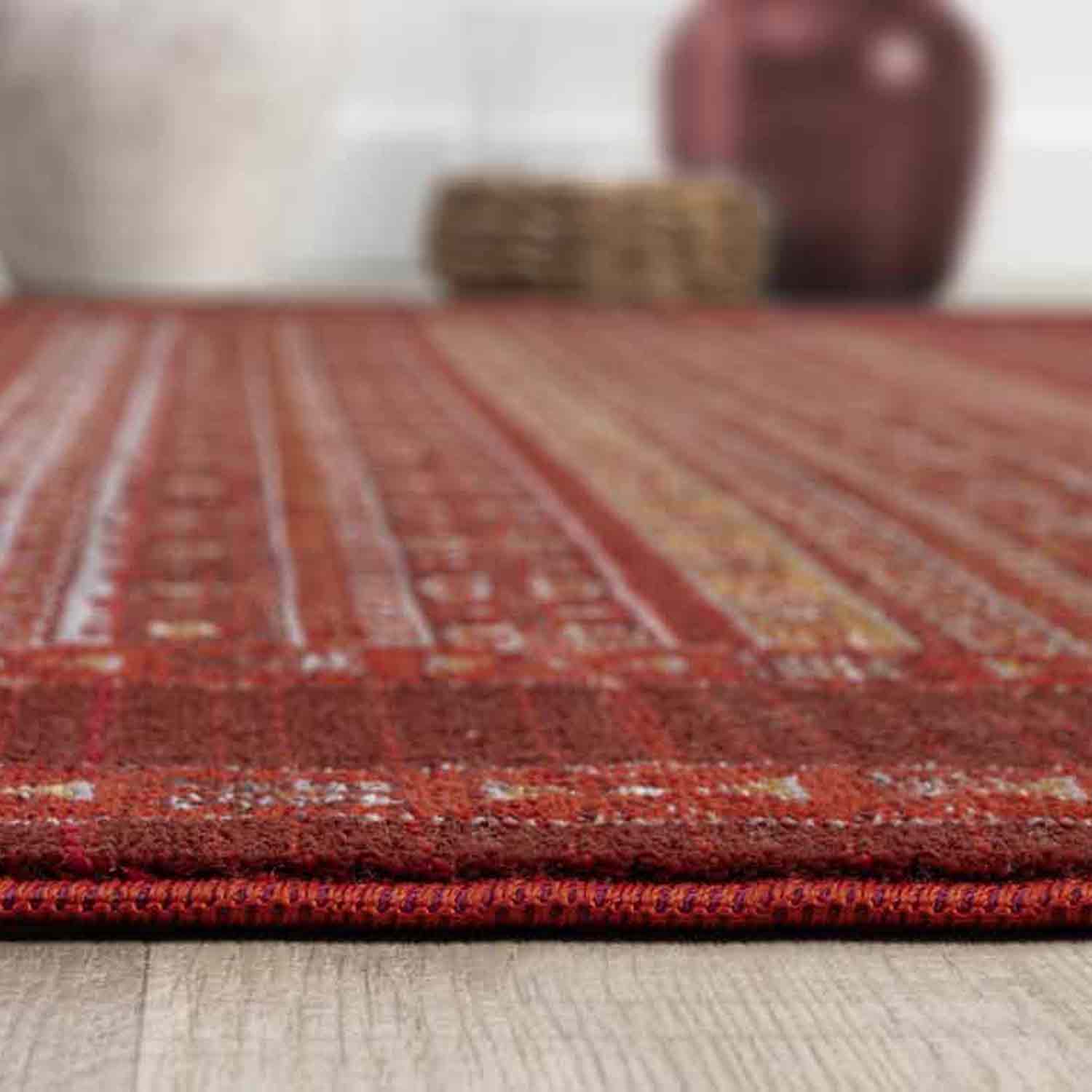 Bordo Kırmızı Etnik Şerit Desenli Modern Halı