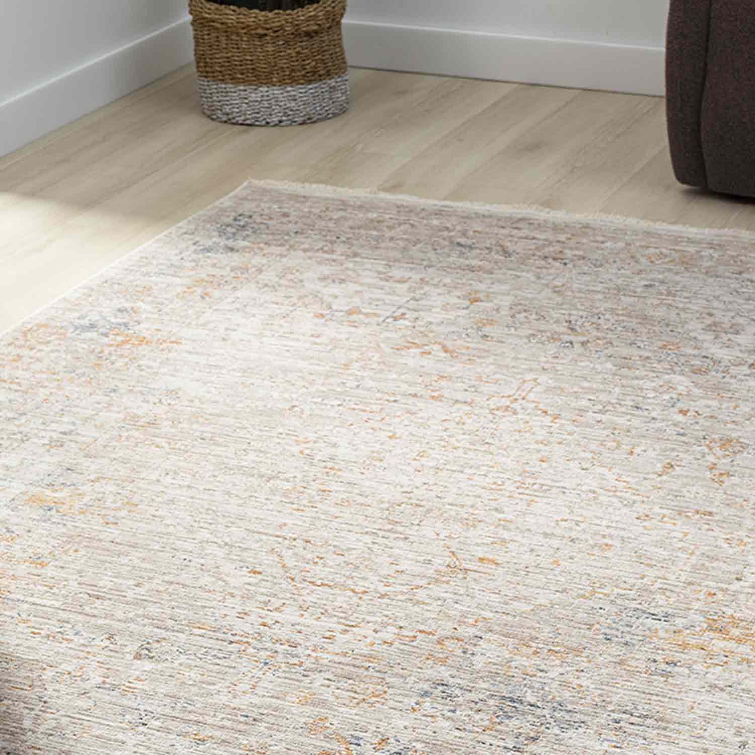 Açık Bej Gri Turuncu Detaylı Soyut Eskitme Halı-Pera Halı