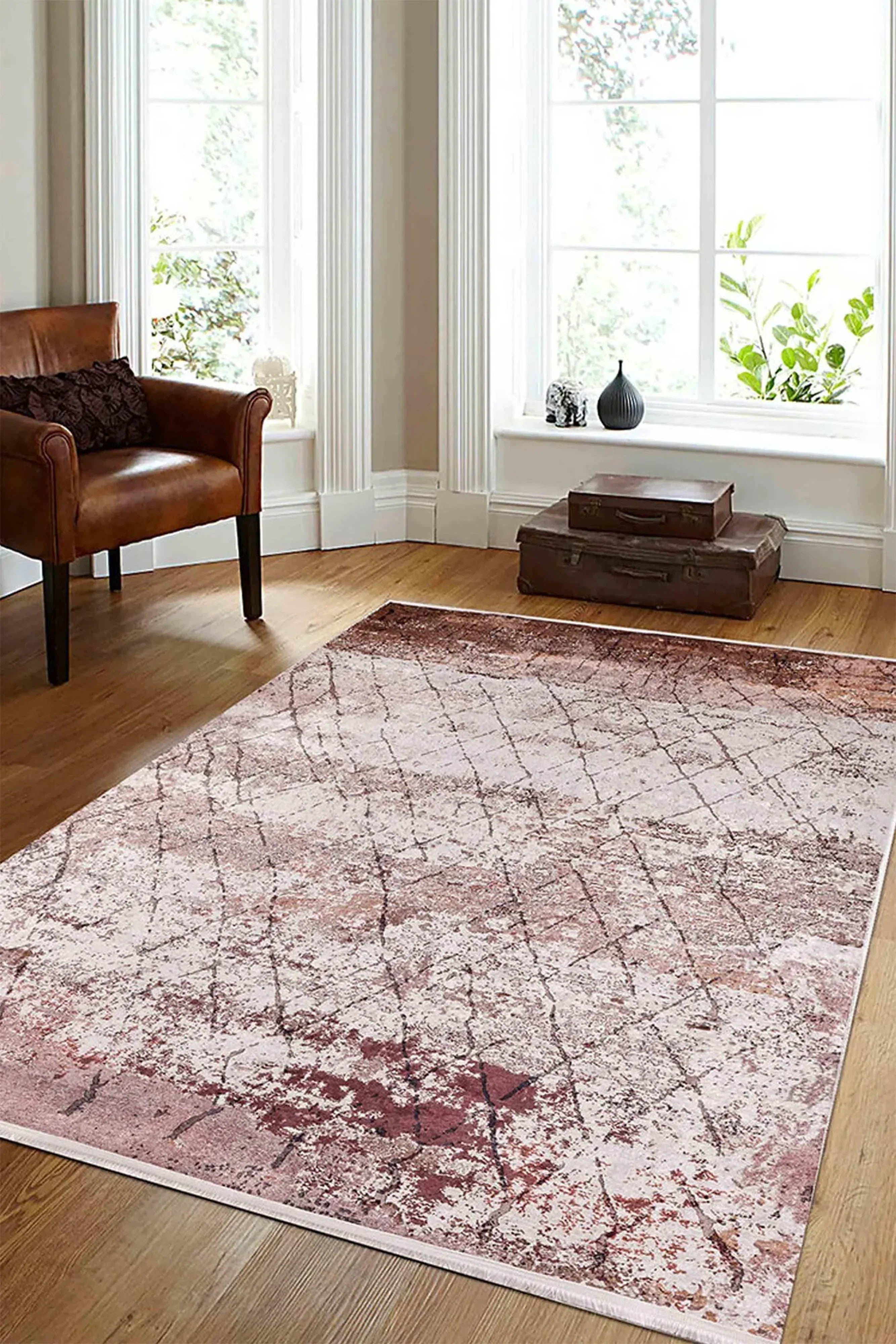 Açık Bej Kahverengi Eskitme Halı-Pera Halı