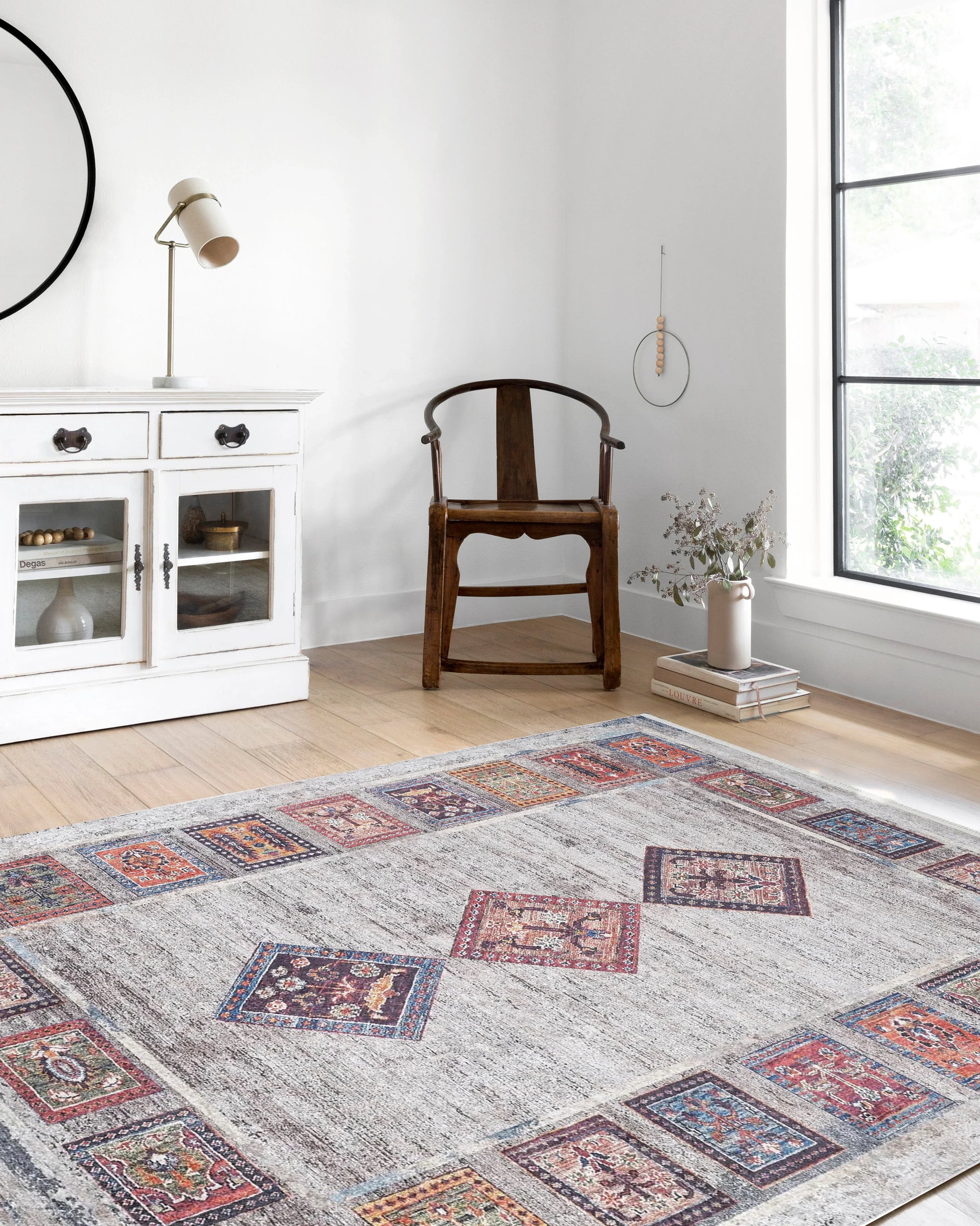 Açık Gri Antik Bohem Geometrik Desenli Halı-Pera Halı