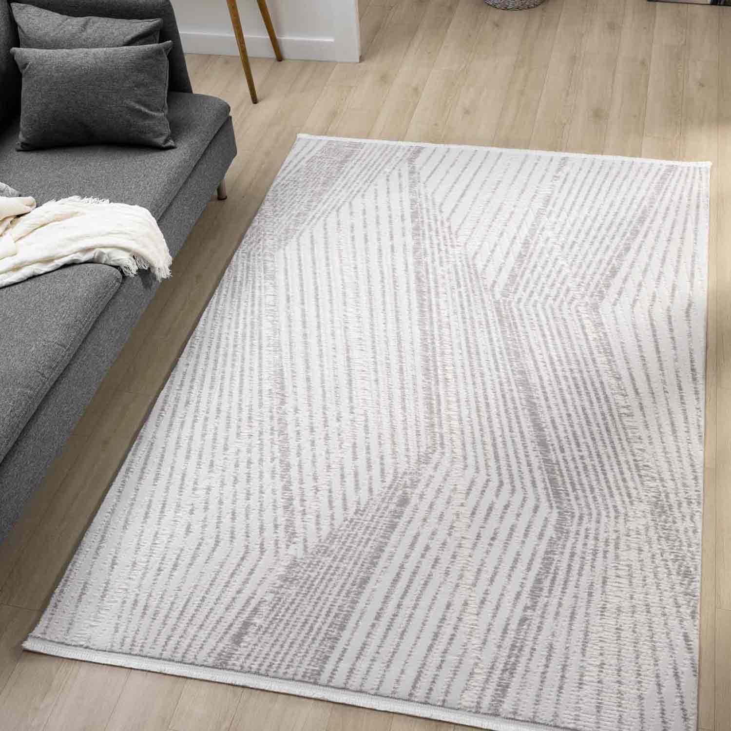 Light Gray White Embossed Zigzag Striped Carpet – Pera Halı