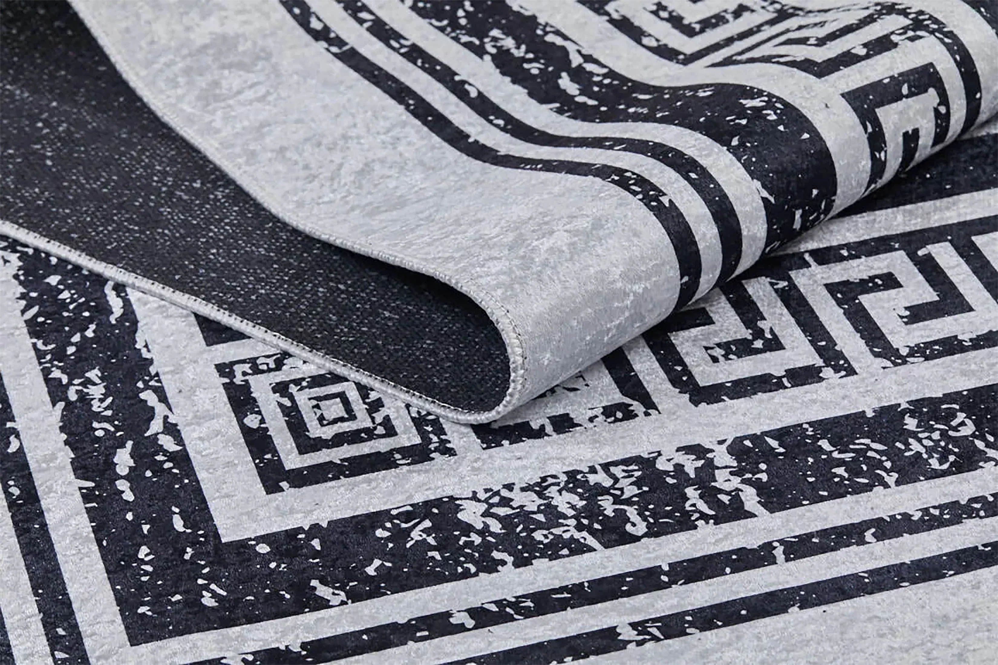 Açık Gri Beyaz Üzerine Siyah Yunan Anahtar Bordürlü Halı-Pera Halı
