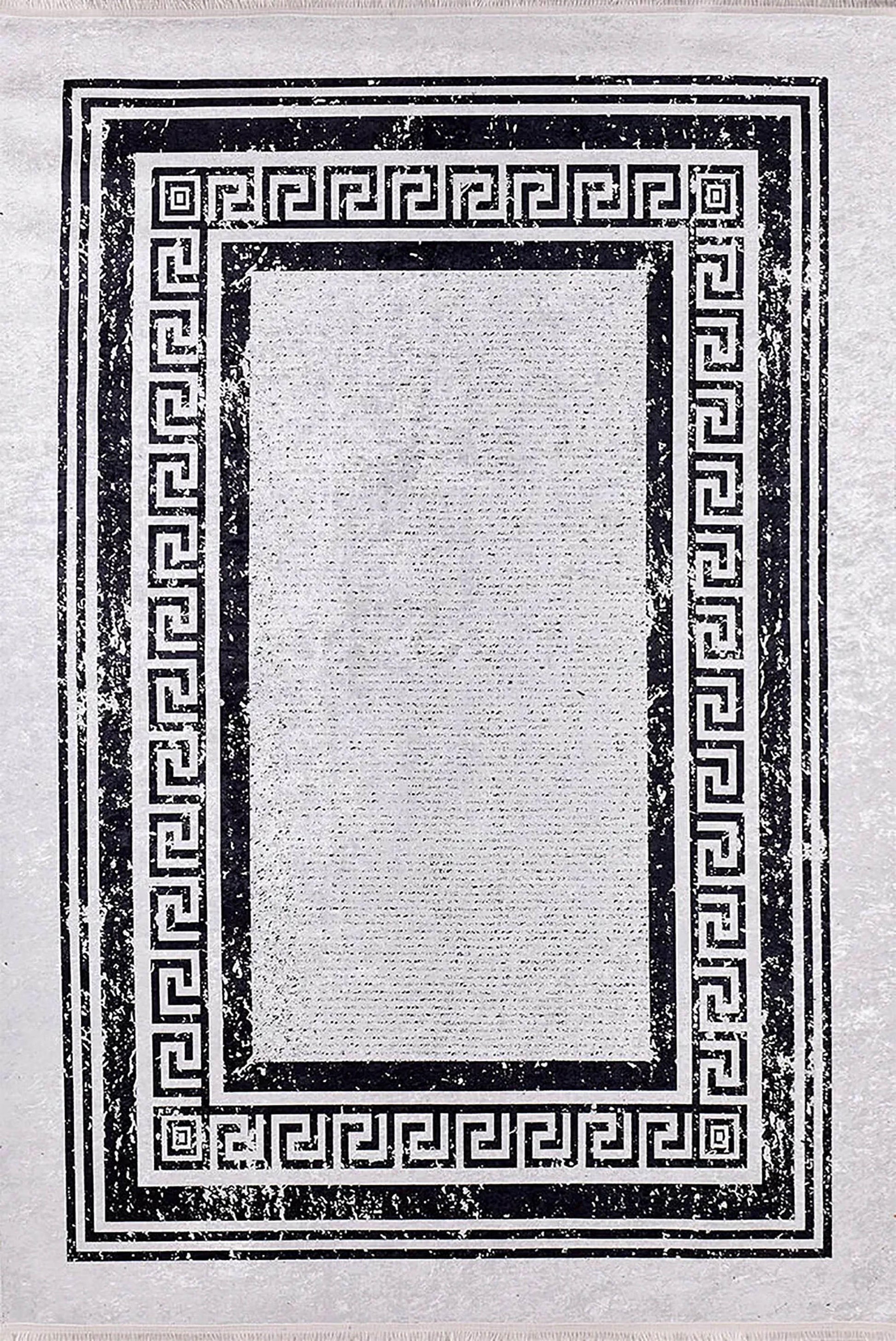 Açık Gri Beyaz Üzerine Siyah Yunan Anahtar Bordürlü Halı-Pera Halı