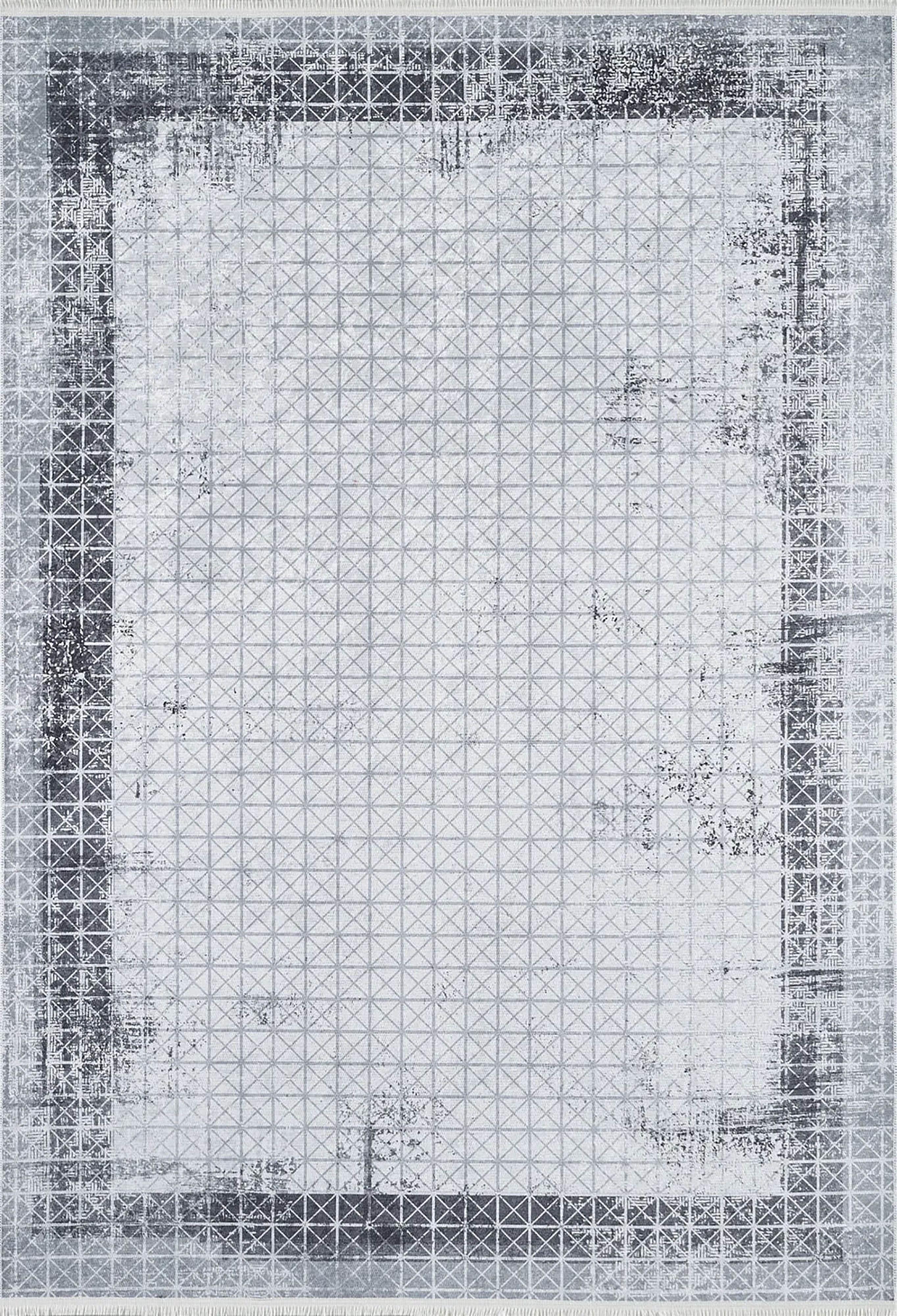 Açık Gri Geometrik Desenli Kontrastlı Çerçeve Halı-Pera Halı