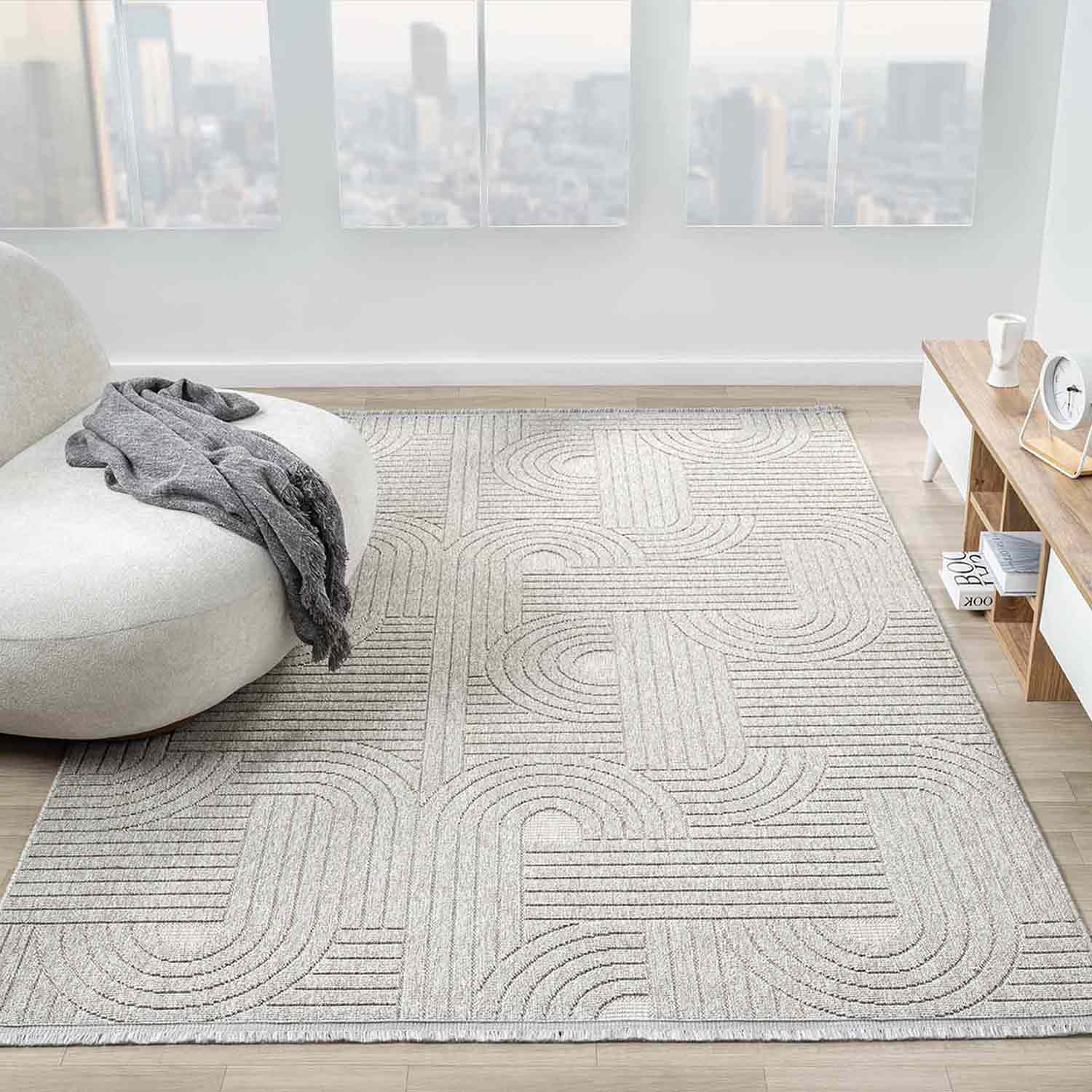 Açık Gri Geometrik Desenli Yumuşak Modern Halı-Pera Halı