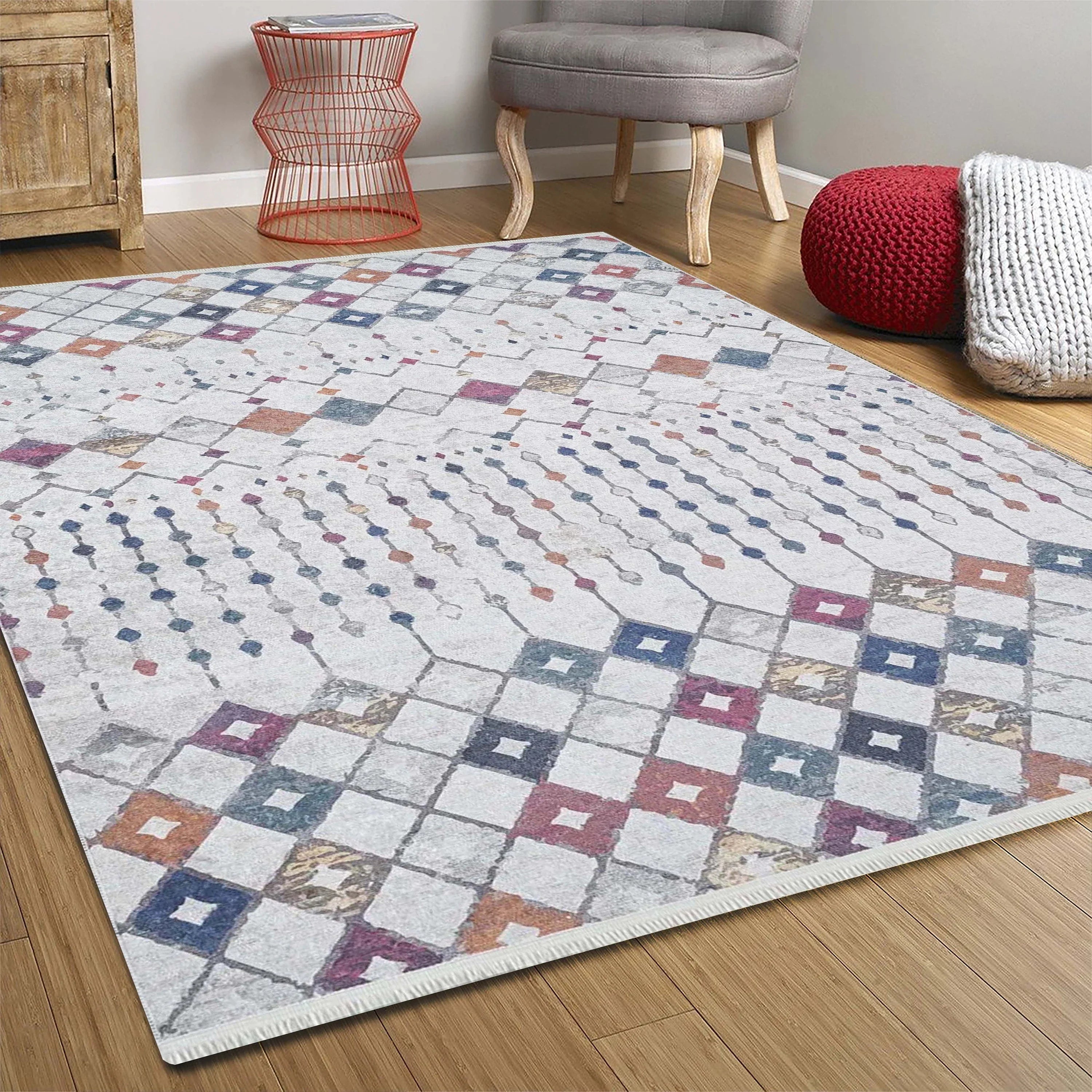 Açık Gri Renkli Geometrik Desenli Kilim Halı-Pera Halı