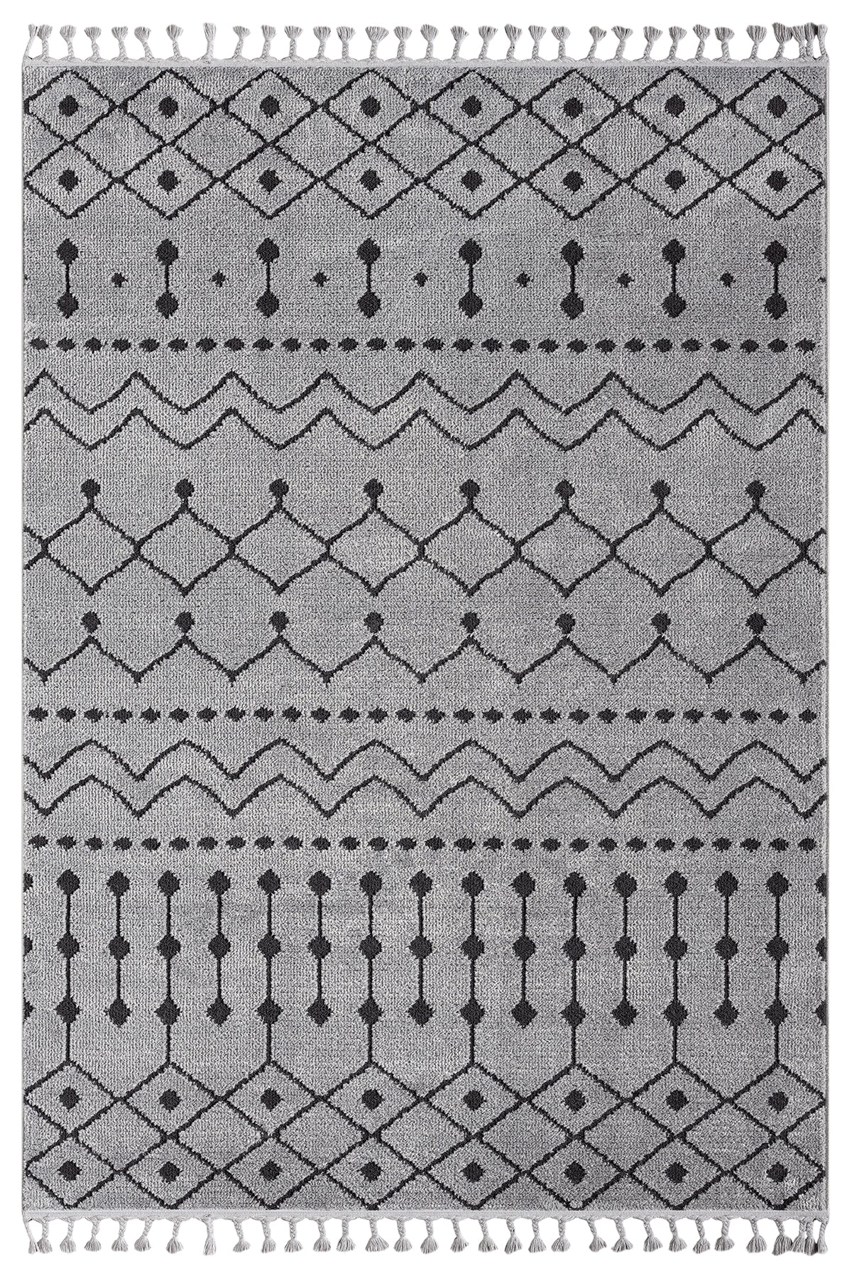 Açık Gri Siyah Etnik Geometrik Saçaklı Halı-Pera Halı