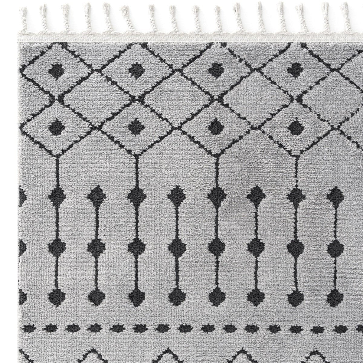 Açık Gri Siyah Etnik Geometrik Saçaklı Halı-Pera Halı