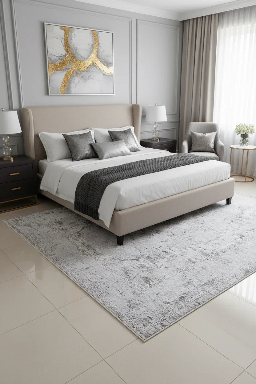 Açık Gri Vintage Desenli Modern Eskitme Efektli Yıkanabilir Halı-Pera Halı