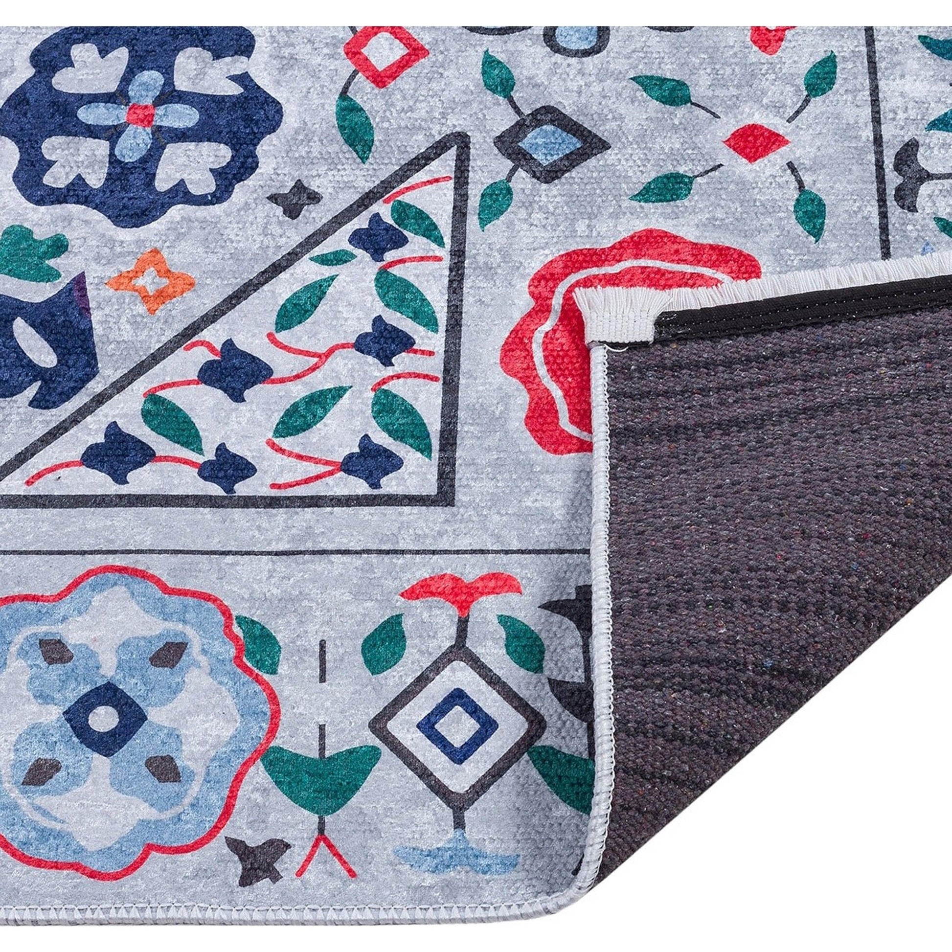 Açık Mavi Çok Renkli Çiçek Desenli Etnik Kilim Halı-Pera Halı