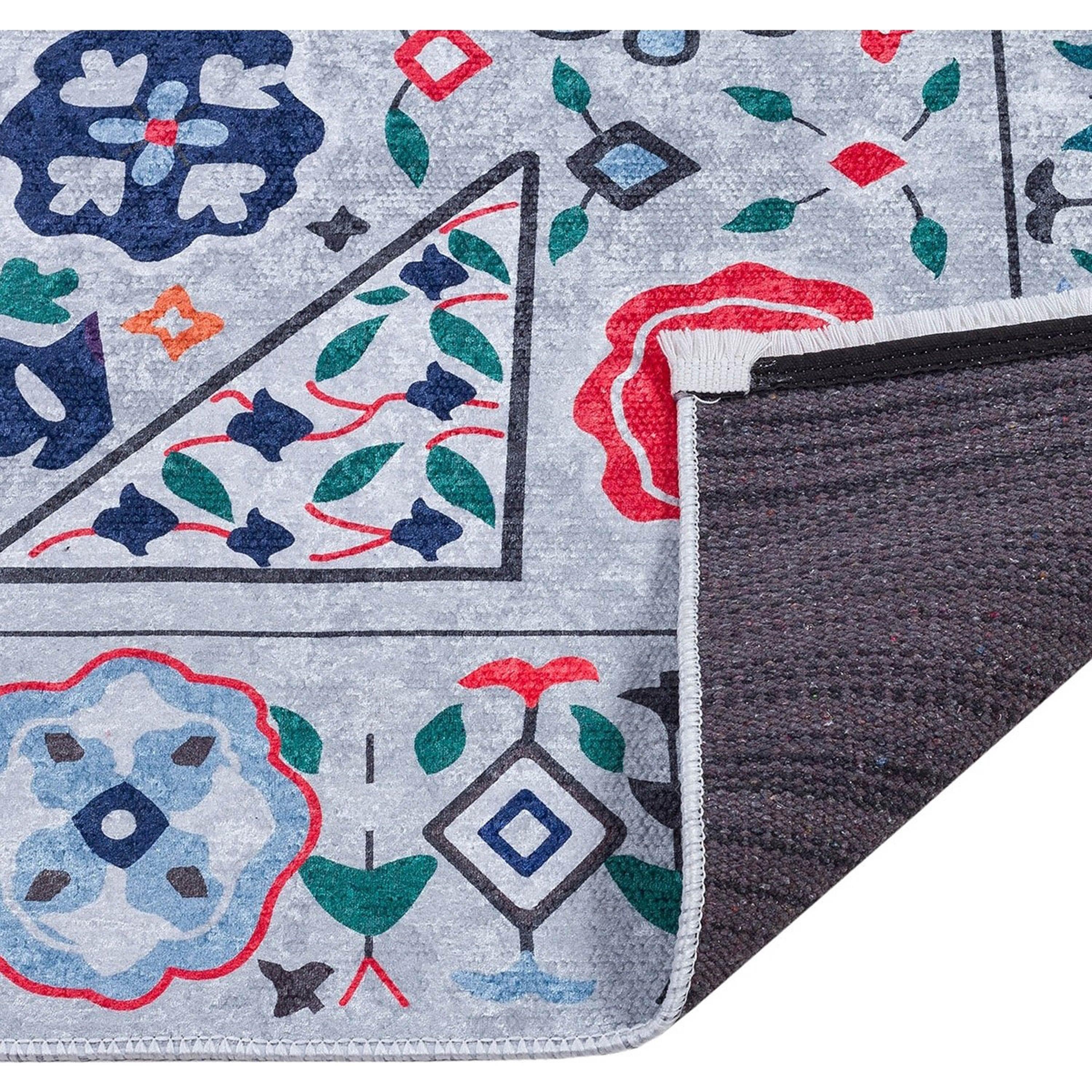 Açık Mavi Çok Renkli Çiçek Desenli Etnik Kilim Halı-Pera Halı