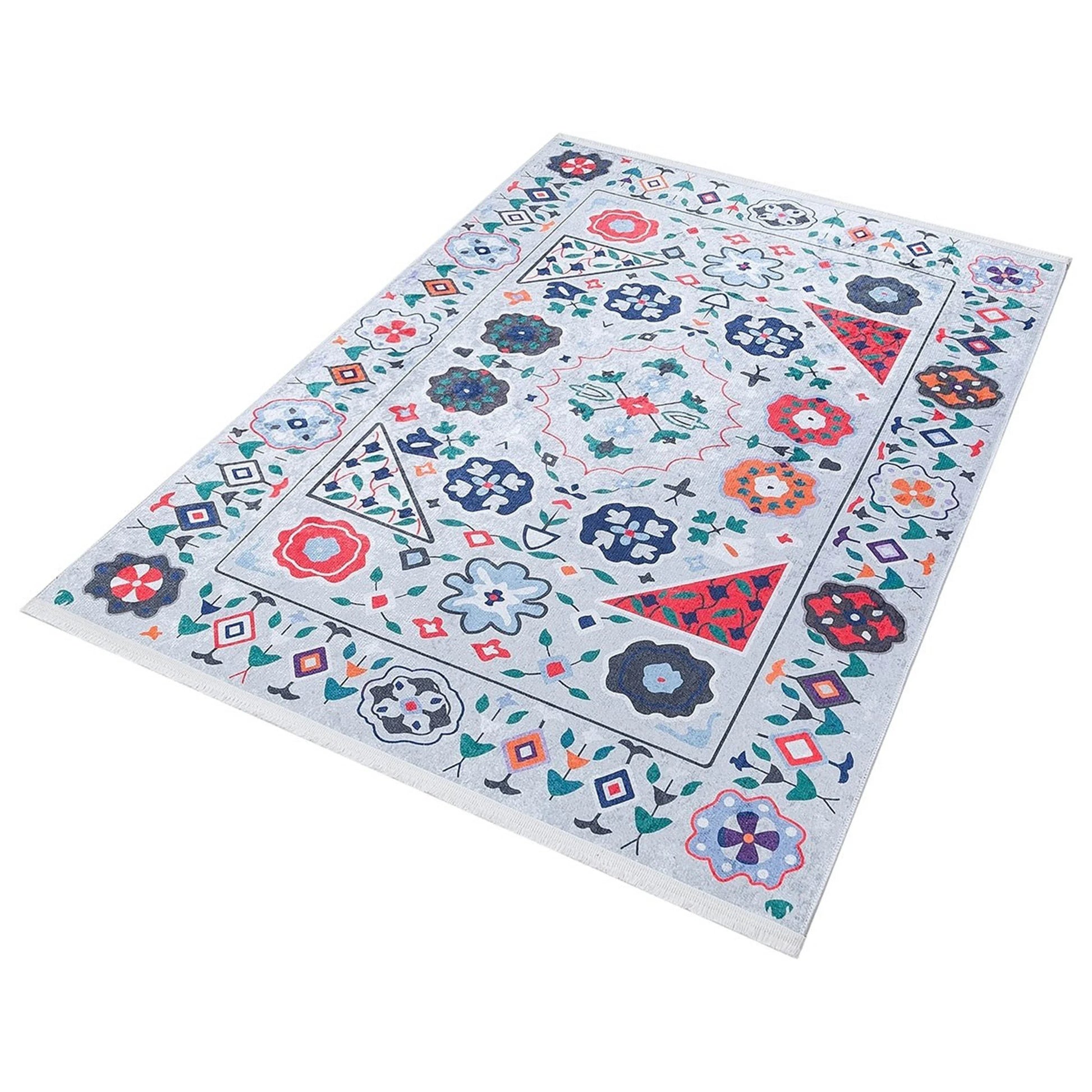 Açık Mavi Çok Renkli Çiçek Desenli Etnik Kilim Halı-Pera Halı