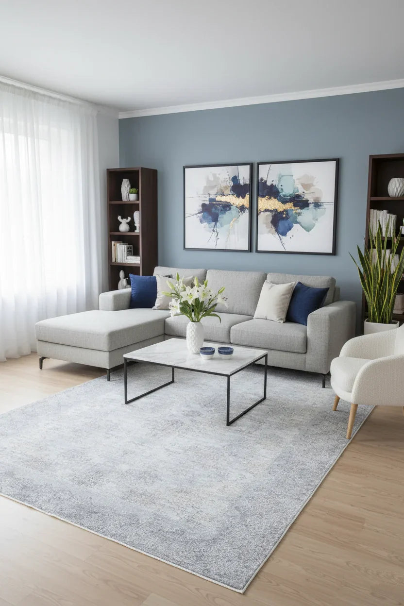 Açık Mavi ve Buz Grisi Gümüş Modern Klasik Eskitme Efektli Yıkanabilir Halı-Pera Halı