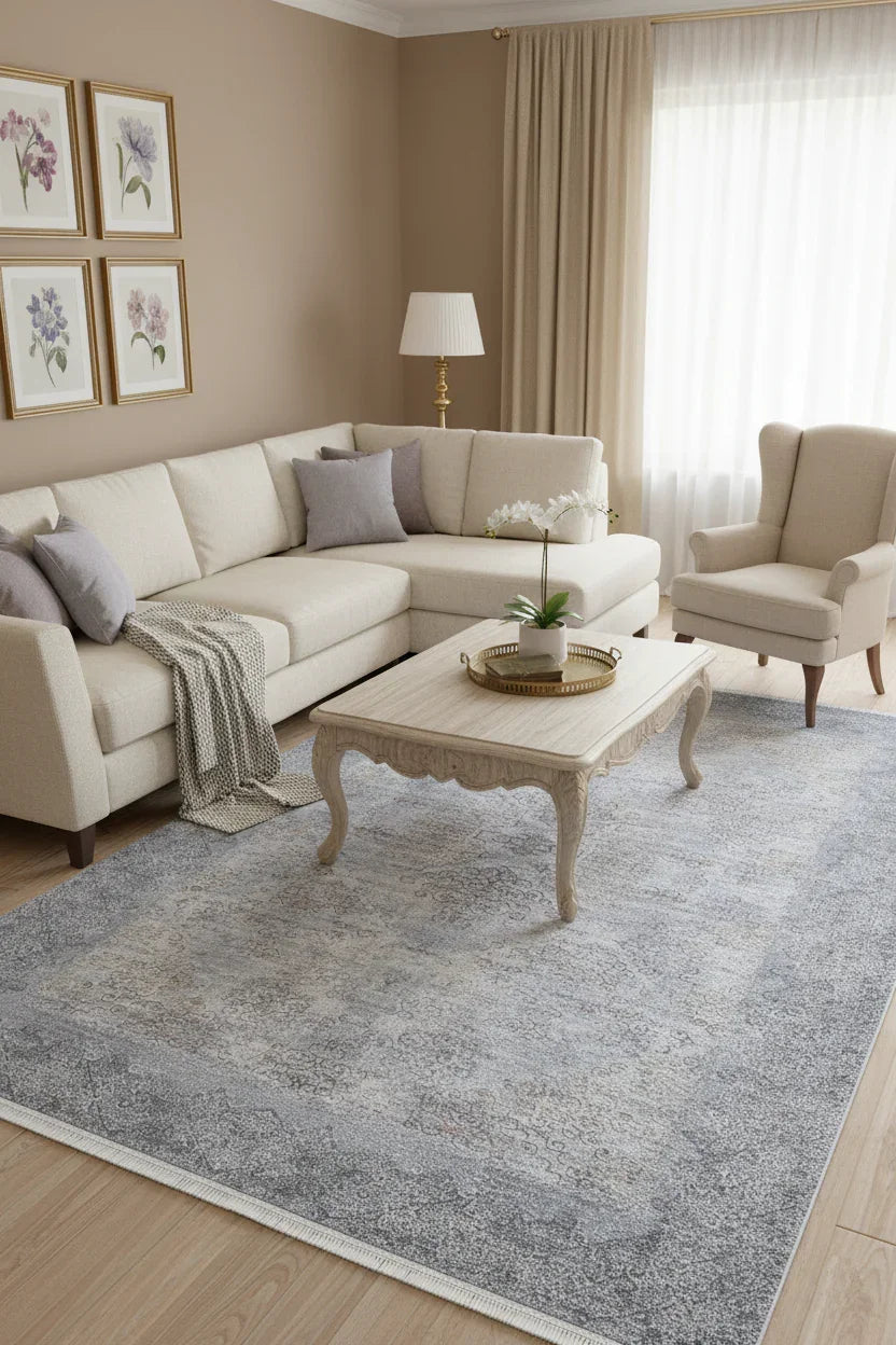 Açık Mavi ve Buz Grisi Gümüş Modern Klasik Eskitme Efektli Yıkanabilir Halı-Pera Halı