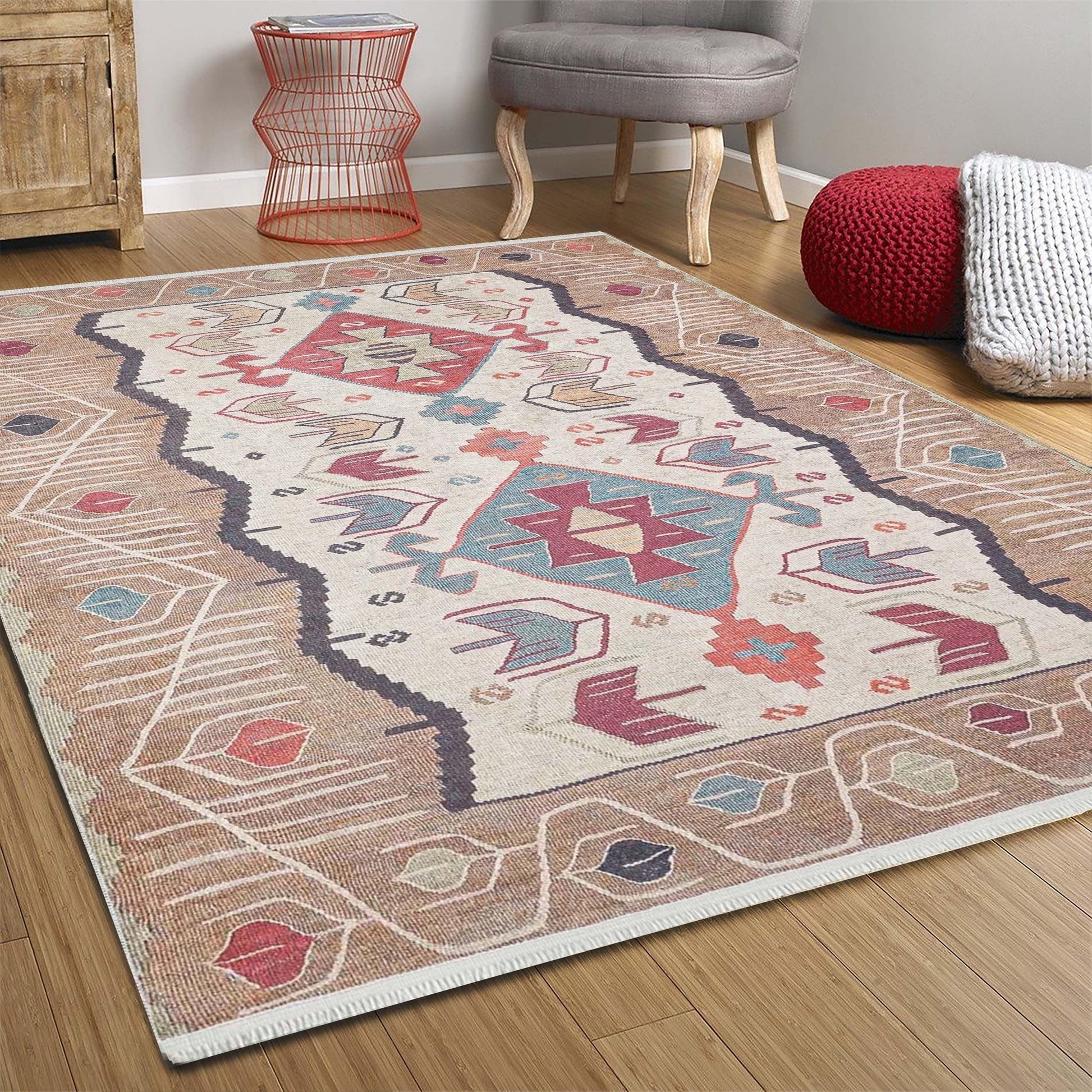 Açık Turuncu Bej Eskitme Kilim Halı-Pera Halı