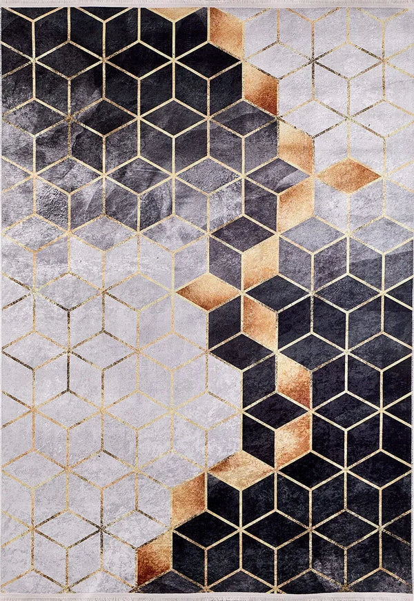 Altın Detaylı Siyah Gri 3D Küp Geometrik Halı – Pera Halı