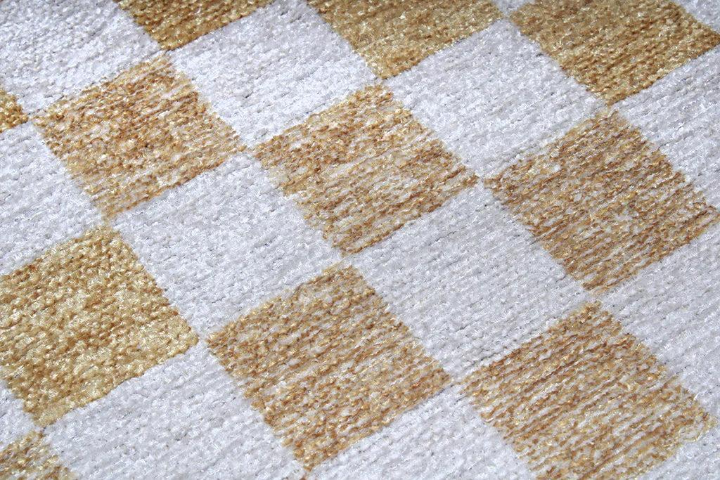 Altın Sarı Modern Geometrik Dama Desenli Yıkanabilir Halı-Pera Halı