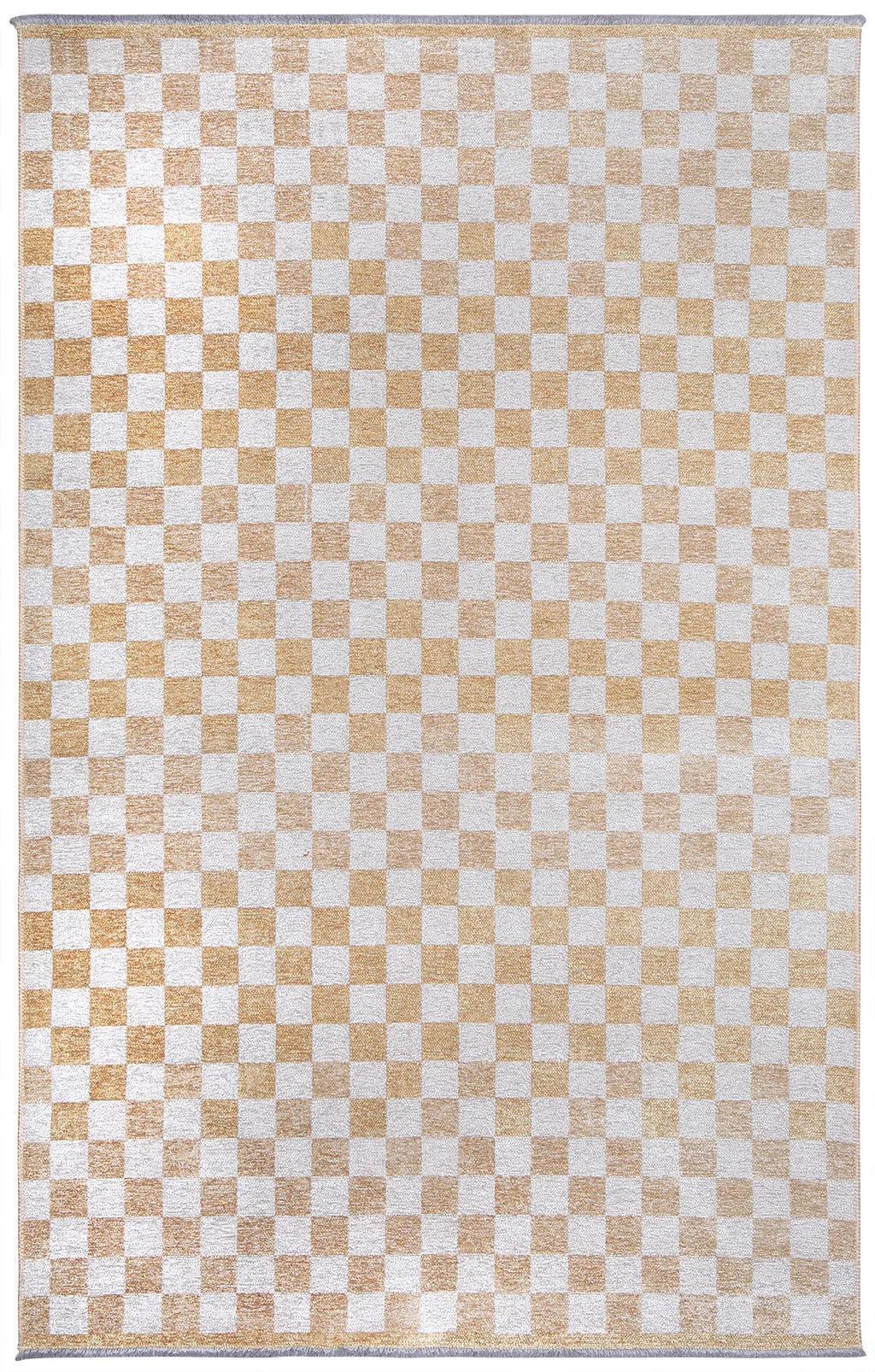 Altın Sarı Modern Geometrik Dama Desenli Yıkanabilir Halı-Pera Halı