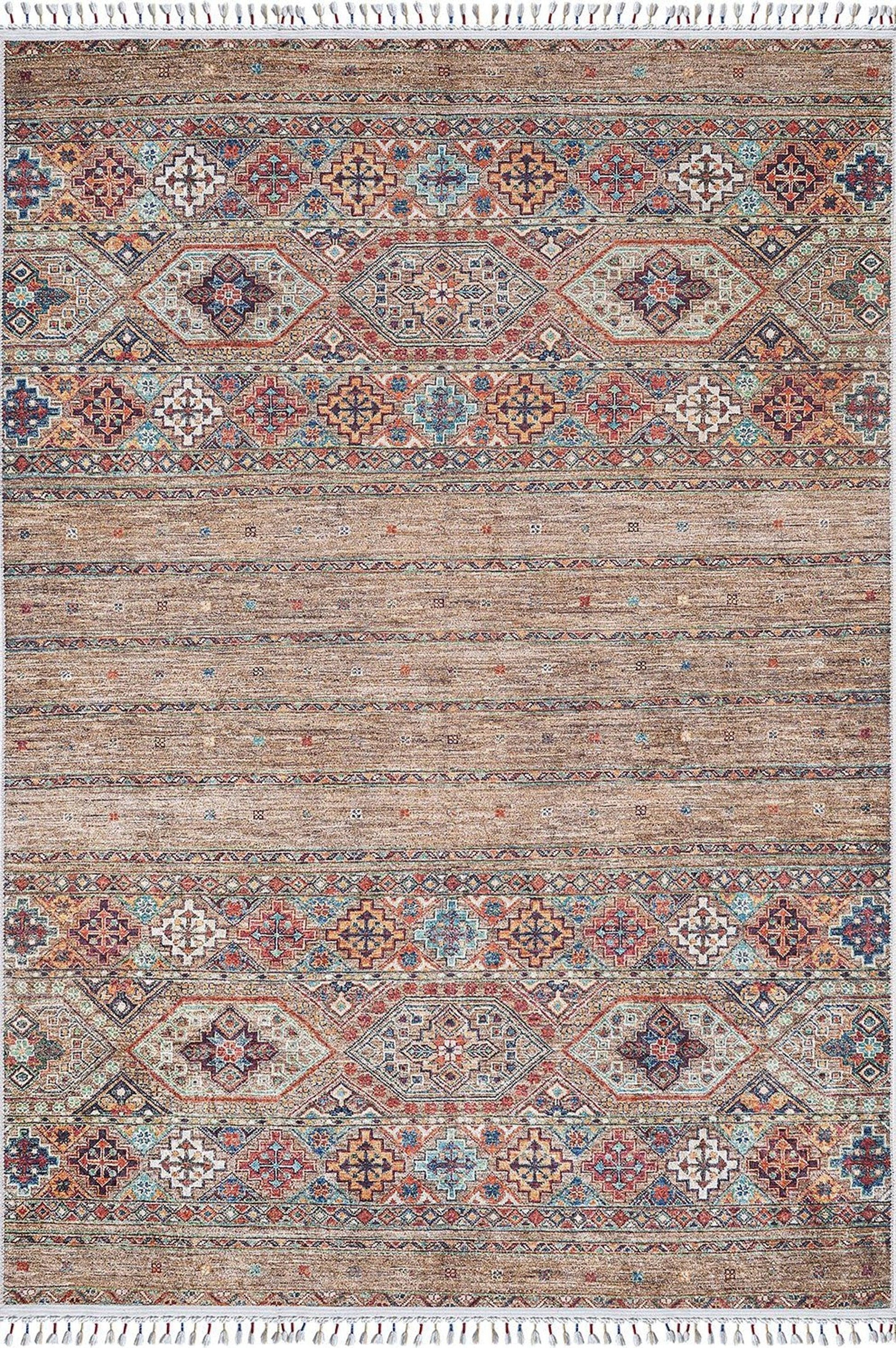 Anadolu Tarzı Kahverengi Bej Geometrik Desenli Kilim Halı-Pera Halı