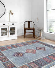 Antik Geometrik Desenli Oryantal Mavi Halı-Pera Halı