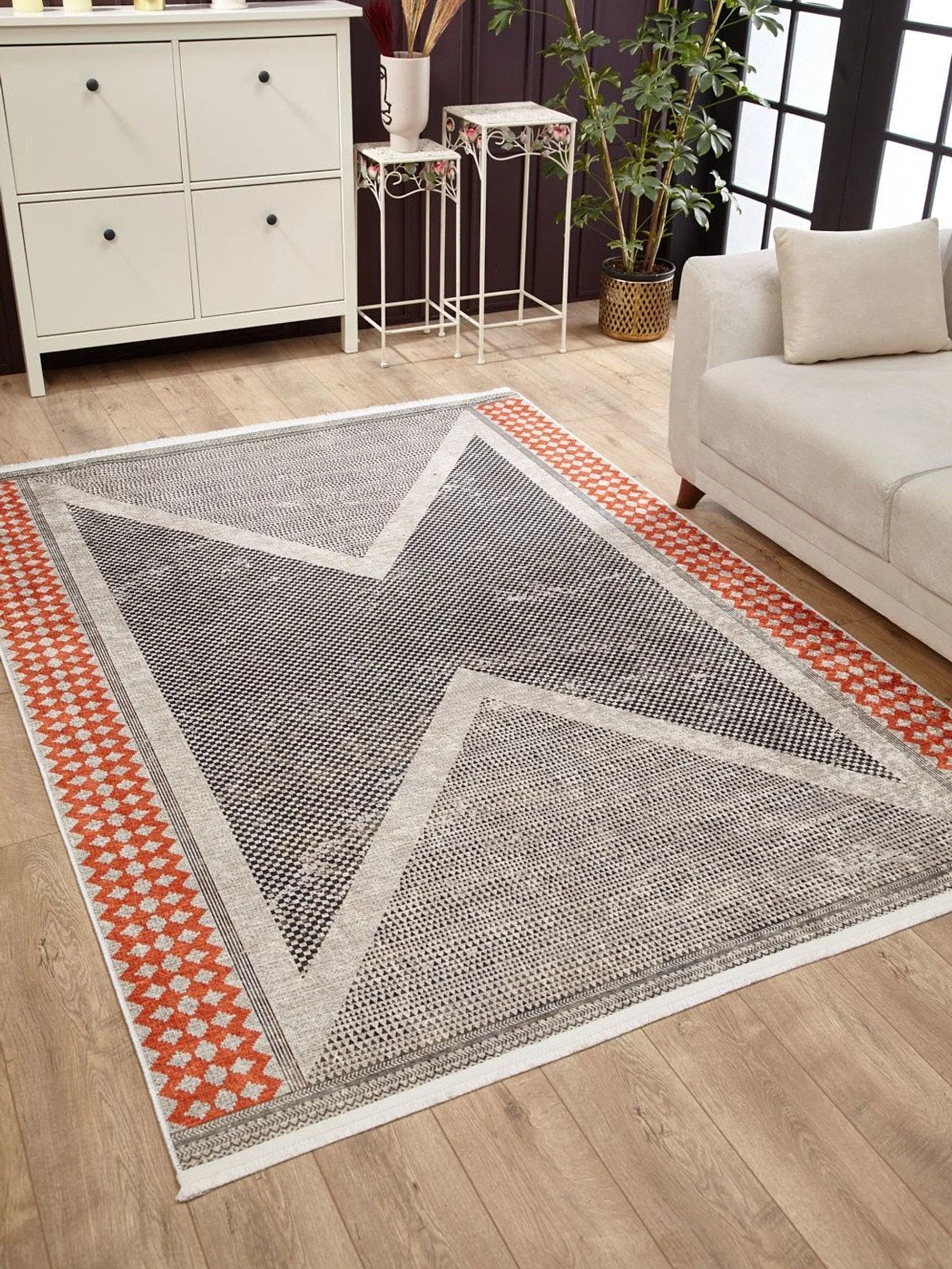 Antik Gri Turuncu Geometrik Desenli Halı-Pera Halı