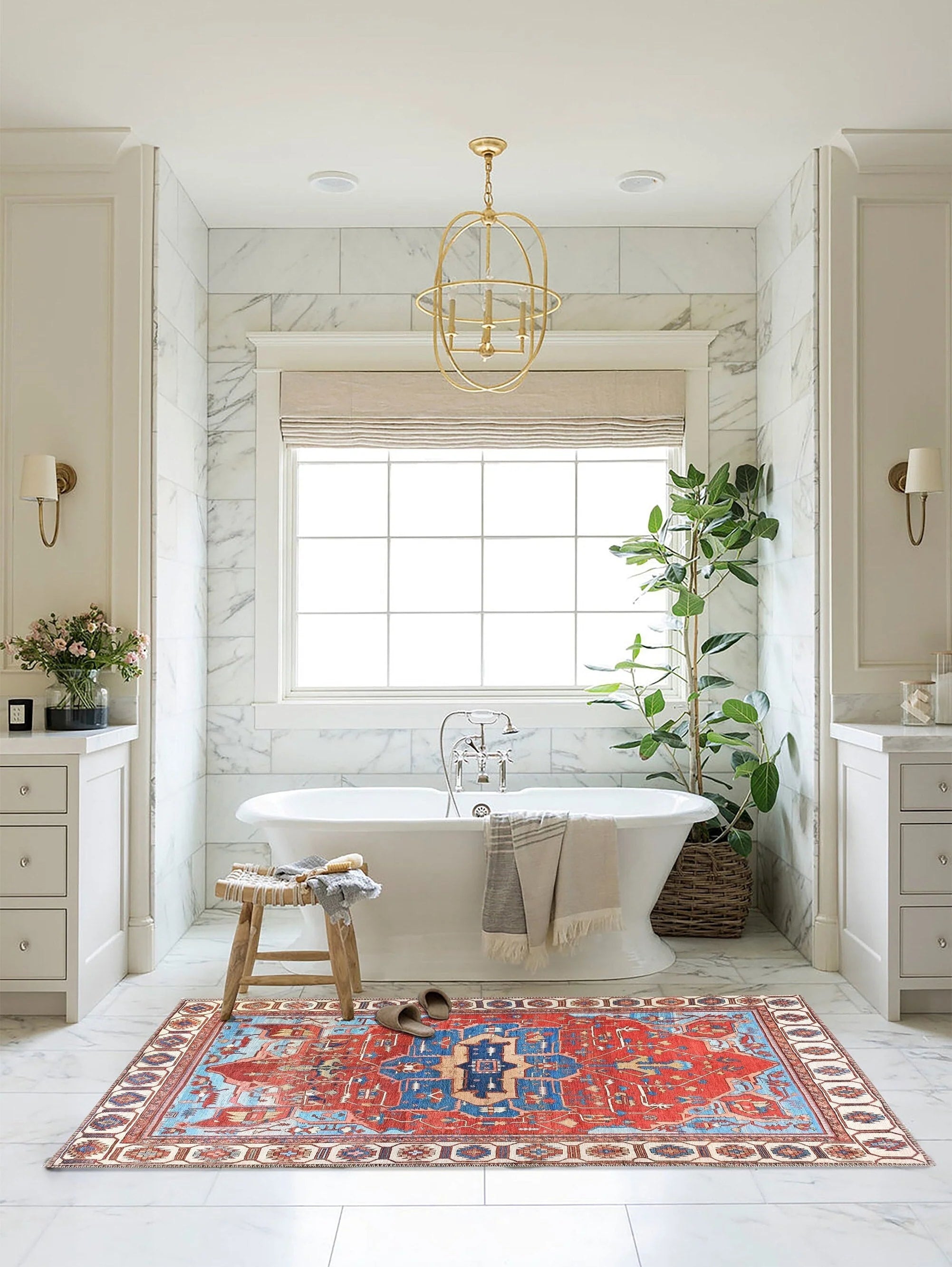 Canlı Kırmızı ve Gök Mavisi Kartal Desenli Vintage Halı